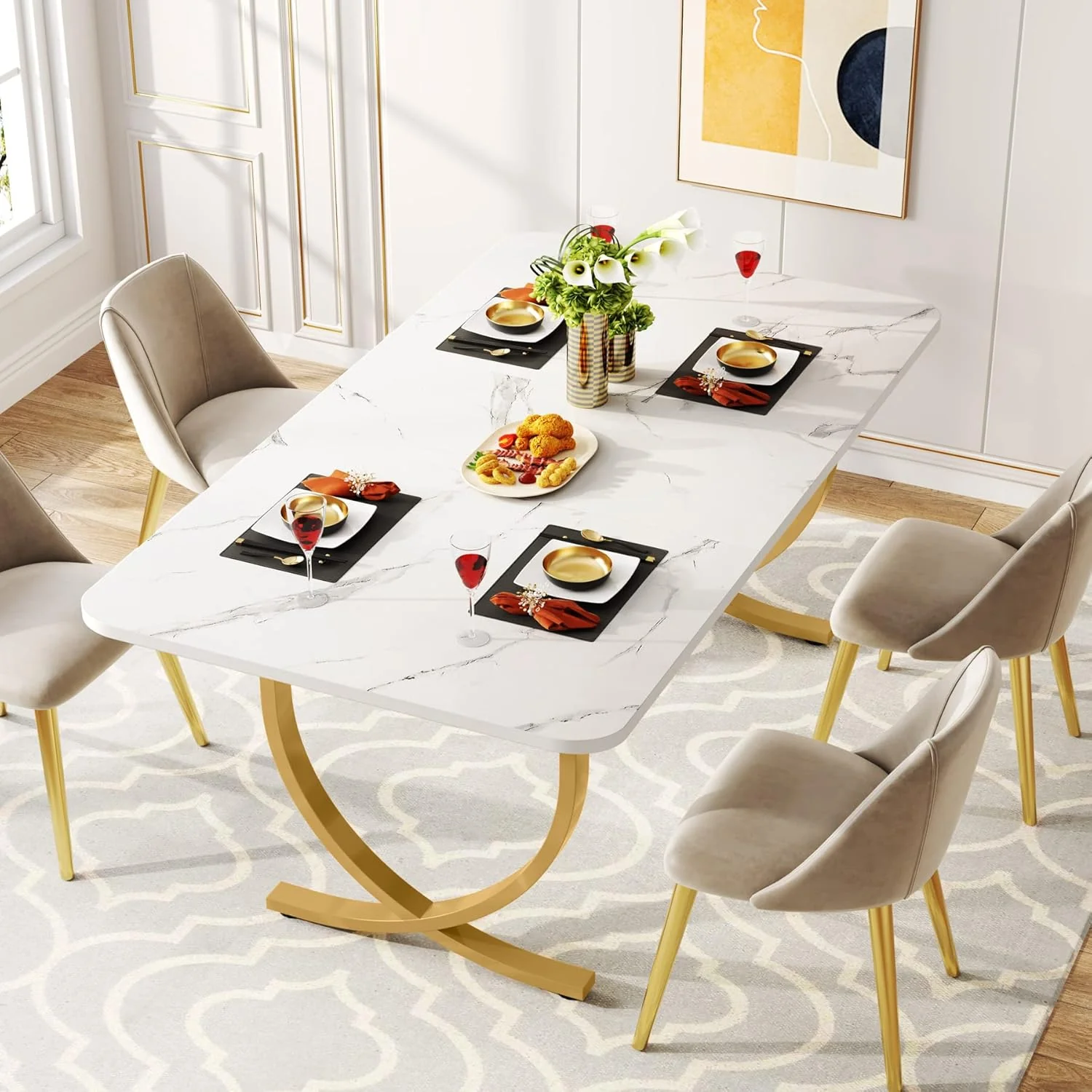 63" Modern Kitchen Table with Gold Metal Legs, Faux Marble Rectangular Dining Table - Image 5