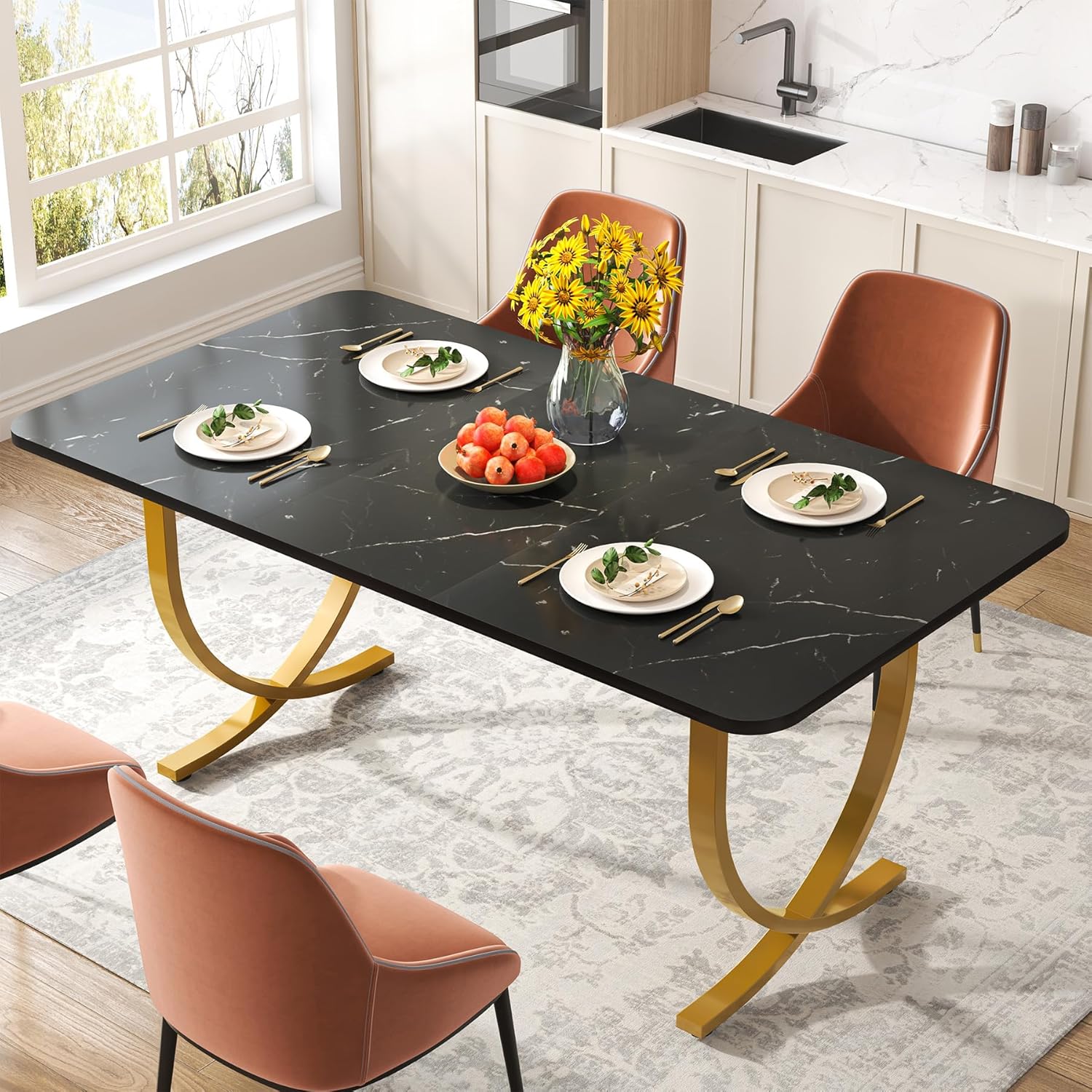 63" Modern Kitchen Table with Gold Metal Legs, Faux Marble Rectangular Dining Table - Image 8