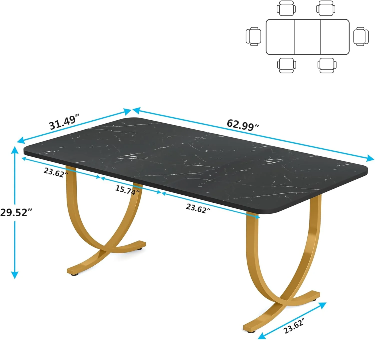 63" Modern Kitchen Table with Gold Metal Legs, Faux Marble Rectangular Dining Table - Image 9