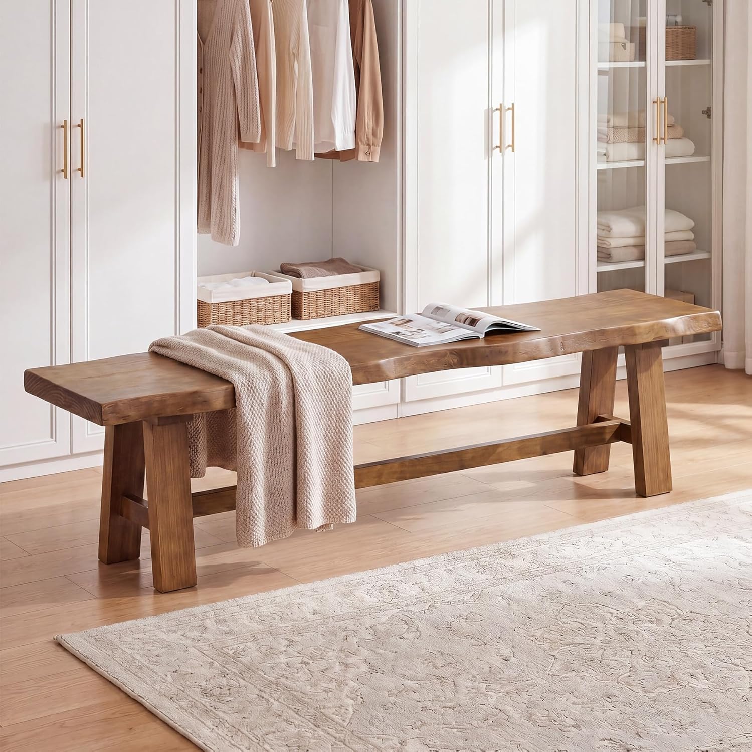 Tribesigns 63" Solid Wood Entryway Bench, Farmhouse Bench with A-Frame Legs - Image 5
