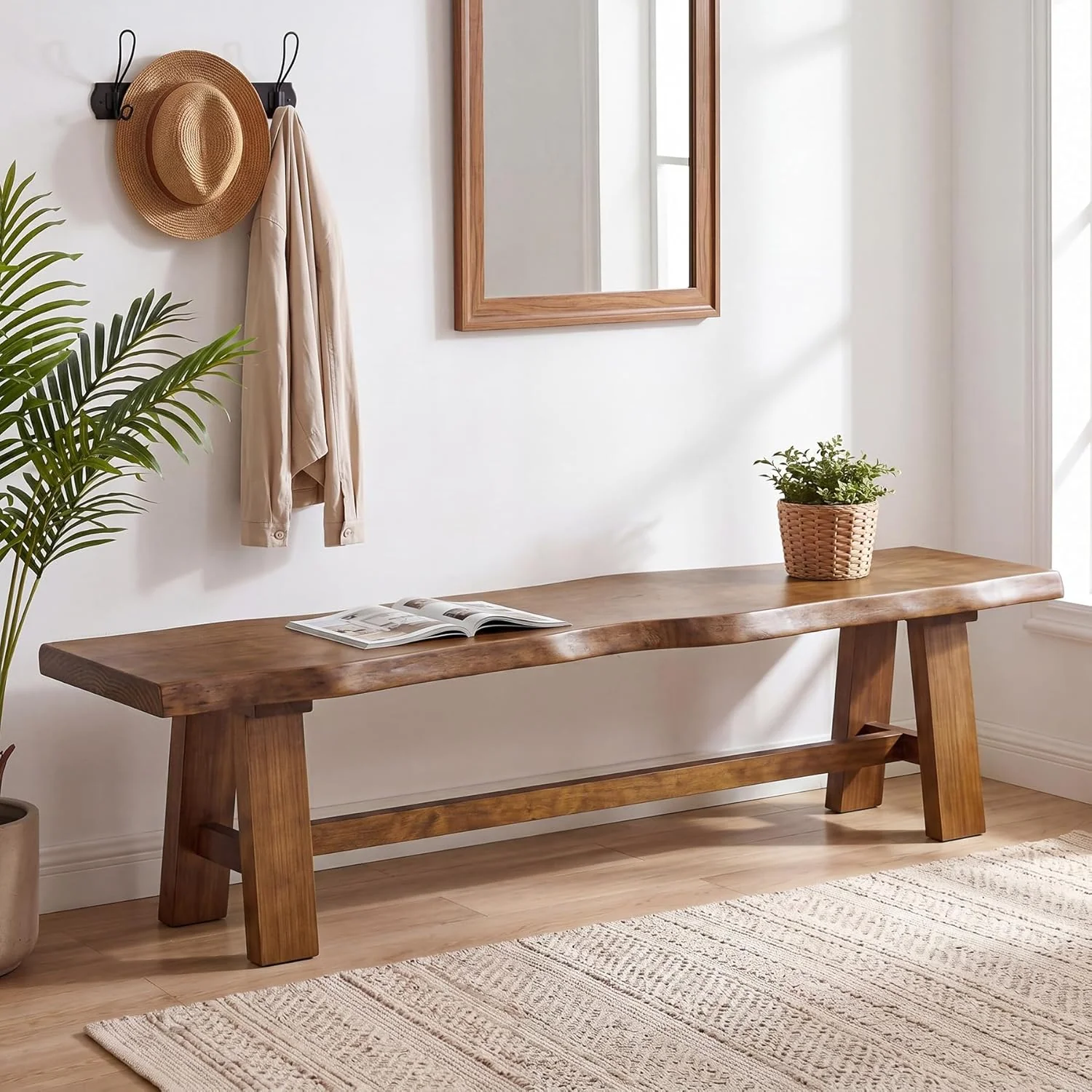 Tribesigns 63" Solid Wood Entryway Bench, Farmhouse Bench with A-Frame Legs - Image 7