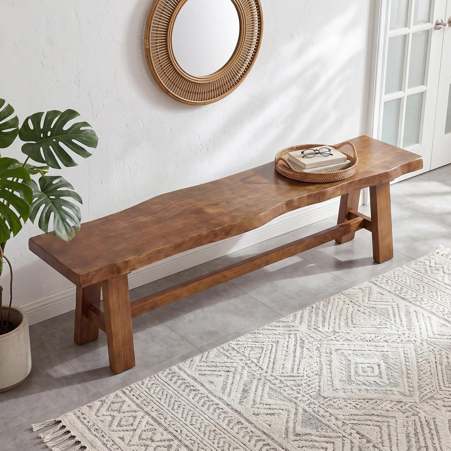 Tribesigns 63" Solid Wood Entryway Bench, Farmhouse Bench with A-Frame Legs - Image 8