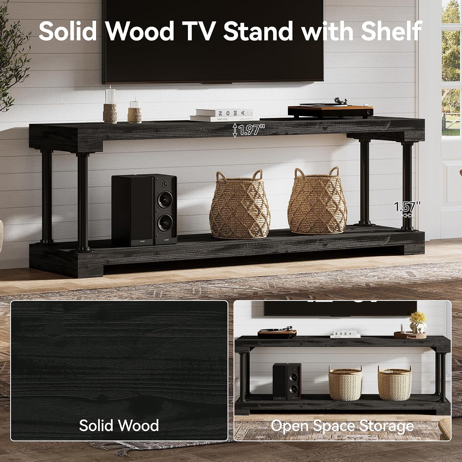 Tribesigns 63-Inch Solid Wood TV Stand, Vintage Media Console Table with Storage - Image 14