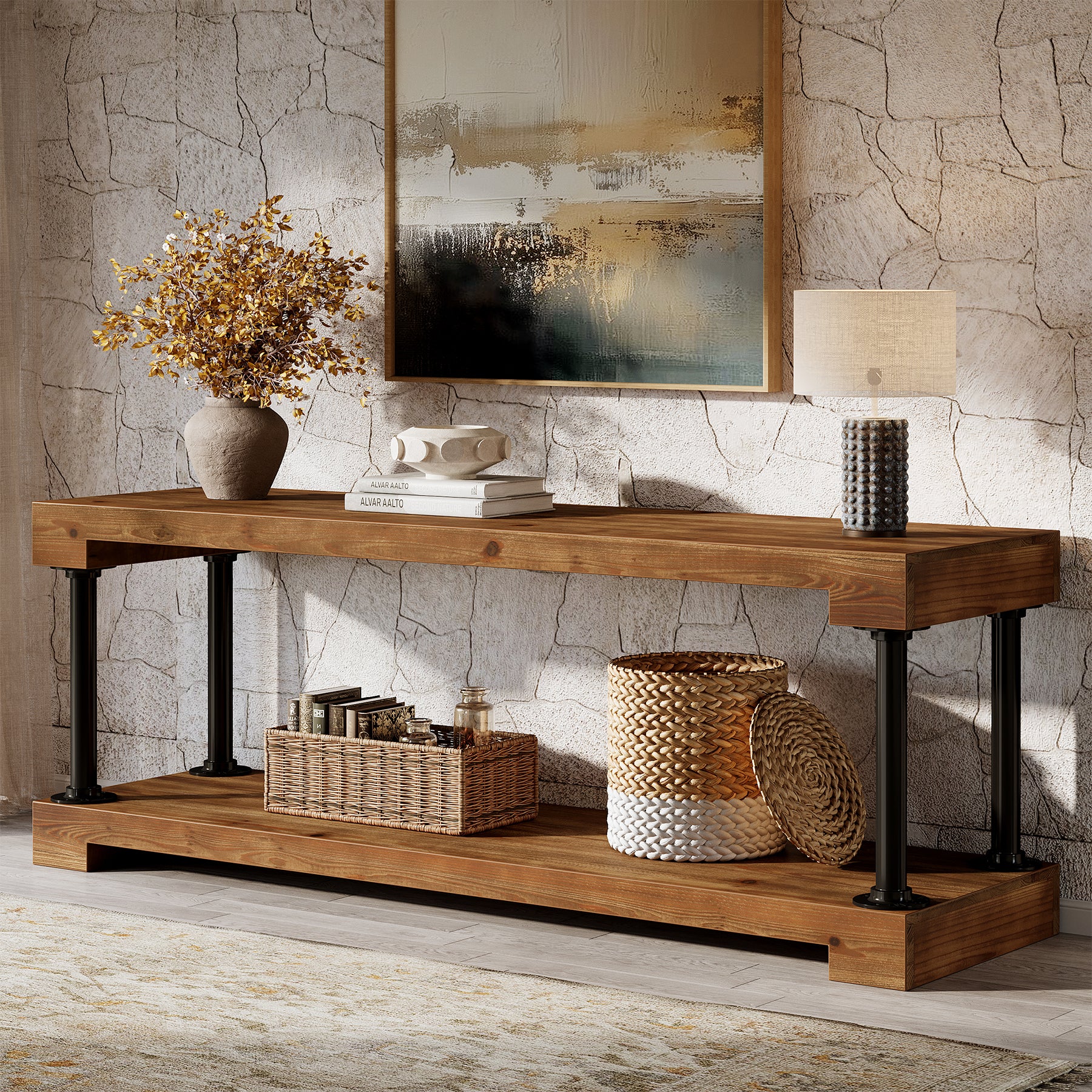Tribesigns 63-Inch Solid Wood TV Stand, Vintage Media Console Table with Storage - Image 3