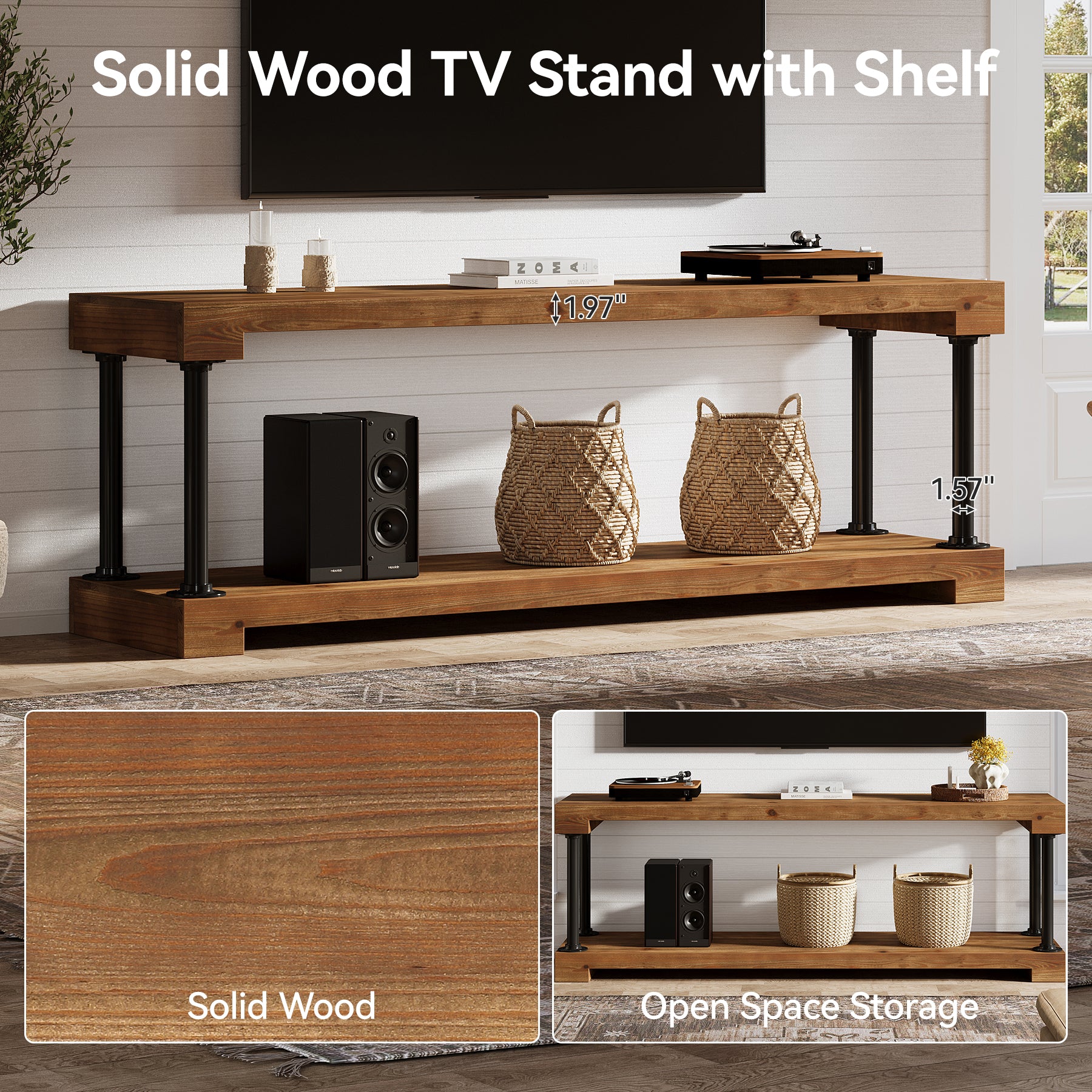Tribesigns 63-Inch Solid Wood TV Stand, Vintage Media Console Table with Storage - Image 5