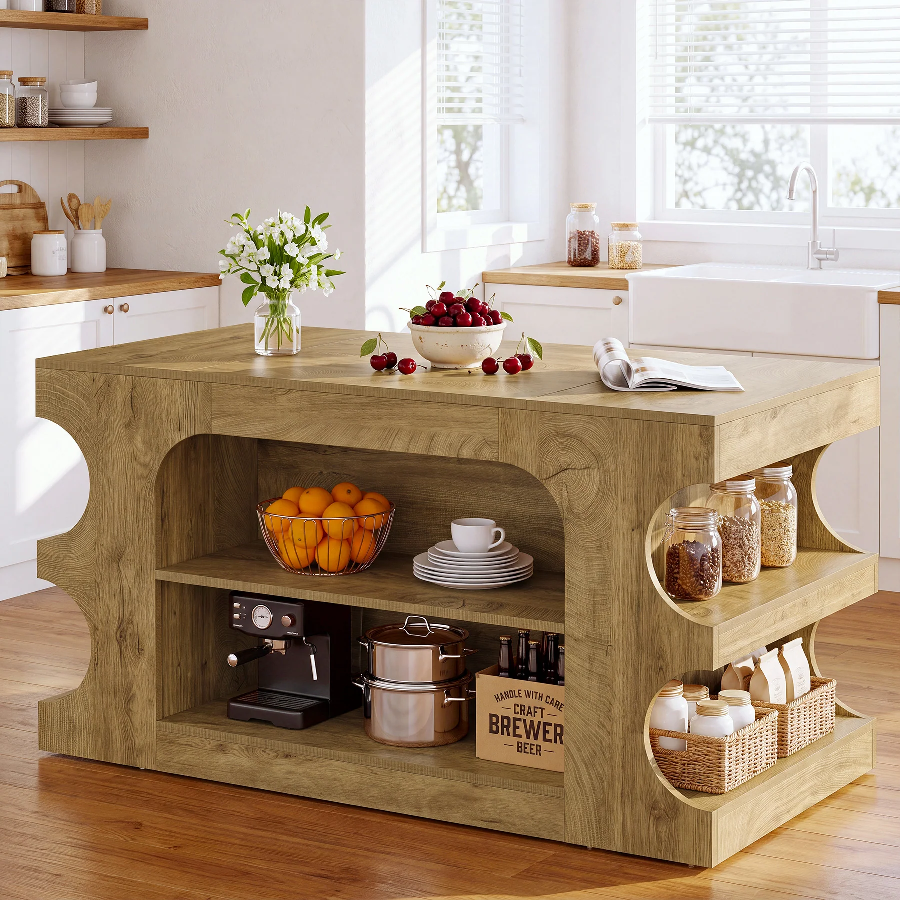63" Kitchen Island with Storage, Farmhouse Counter Height Stationary Island for Kitchen