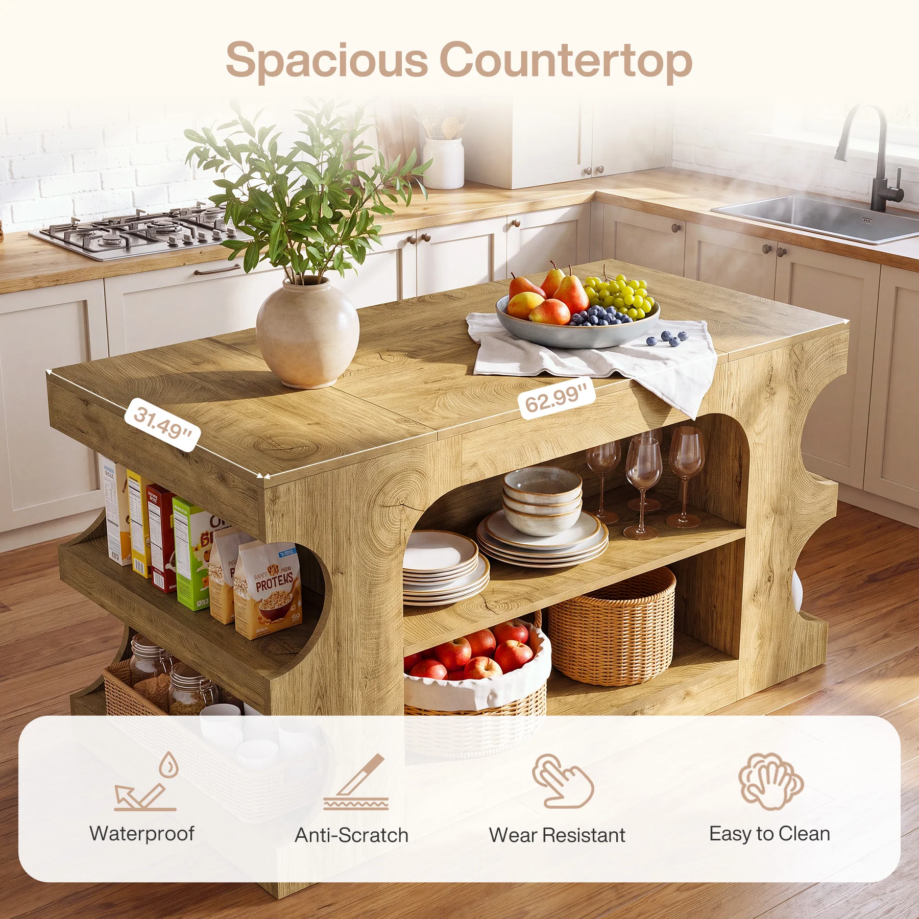 63" Kitchen Island with Storage, Farmhouse Counter Height Stationary Island for Kitchen - Image 6