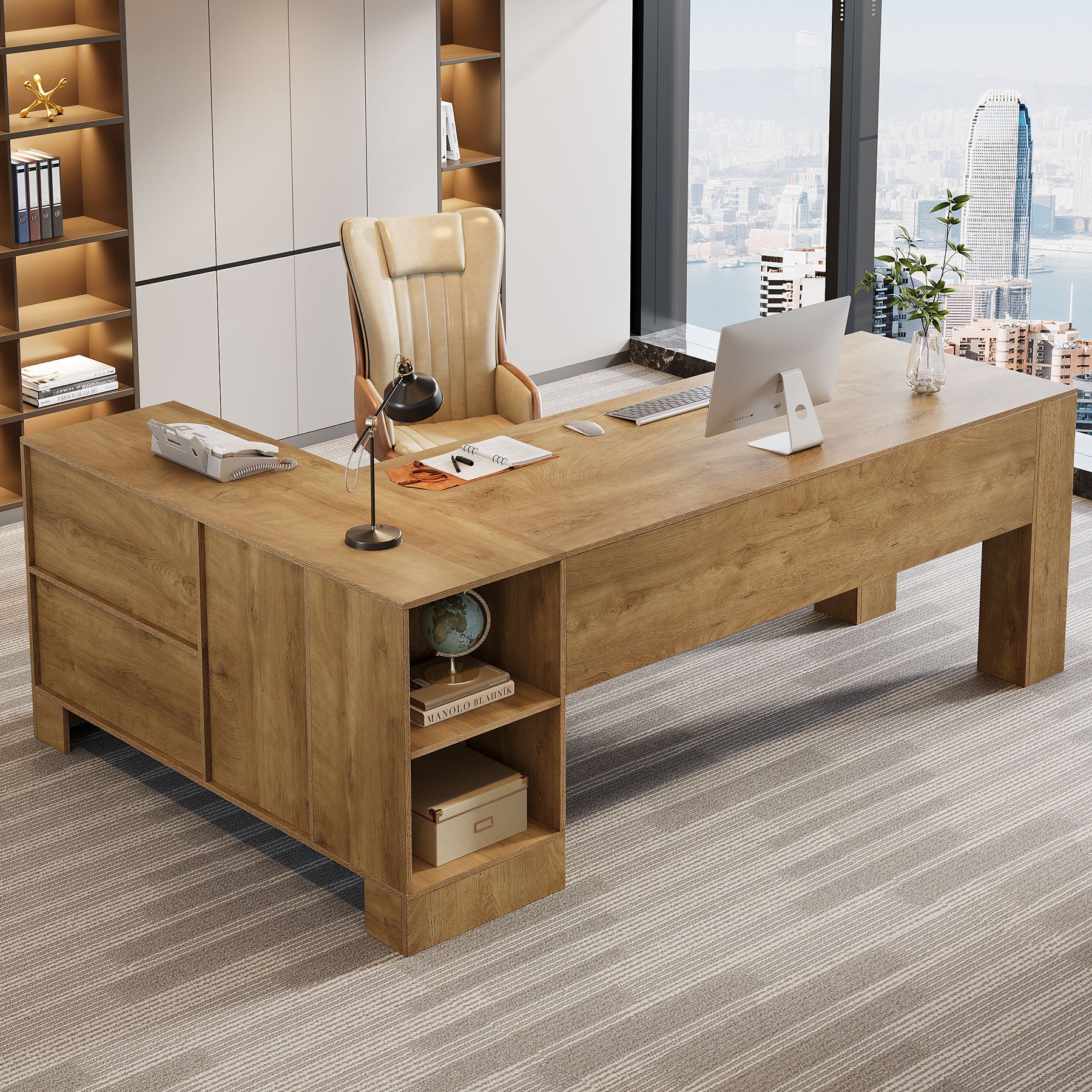 L-Shaped Executive Desk, 78" Office Desk with Storage Cabinet and 2-Tier Shelf