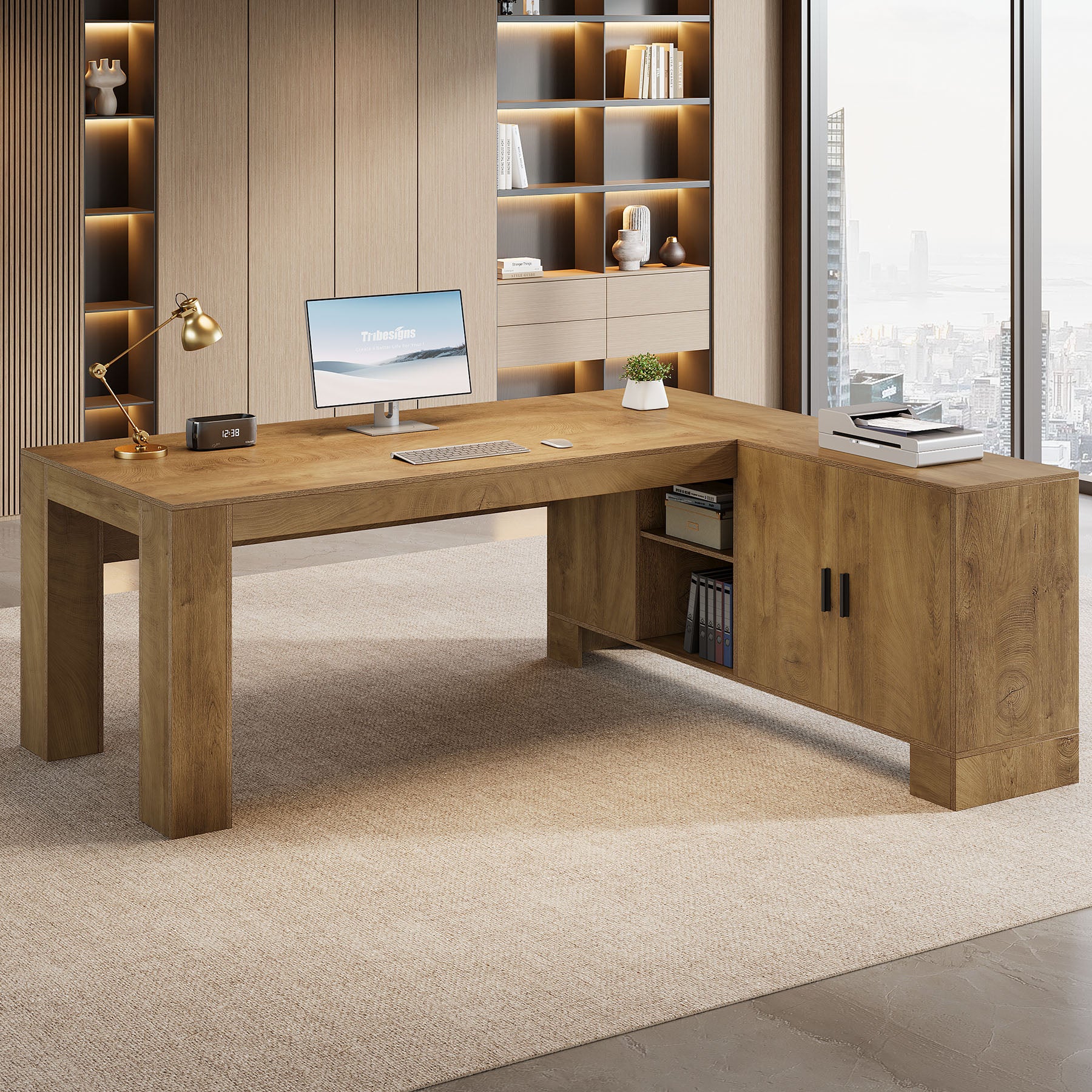 L-Shaped Executive Desk, 78" Office Desk with Storage Cabinet and 2-Tier Shelf - Image 3