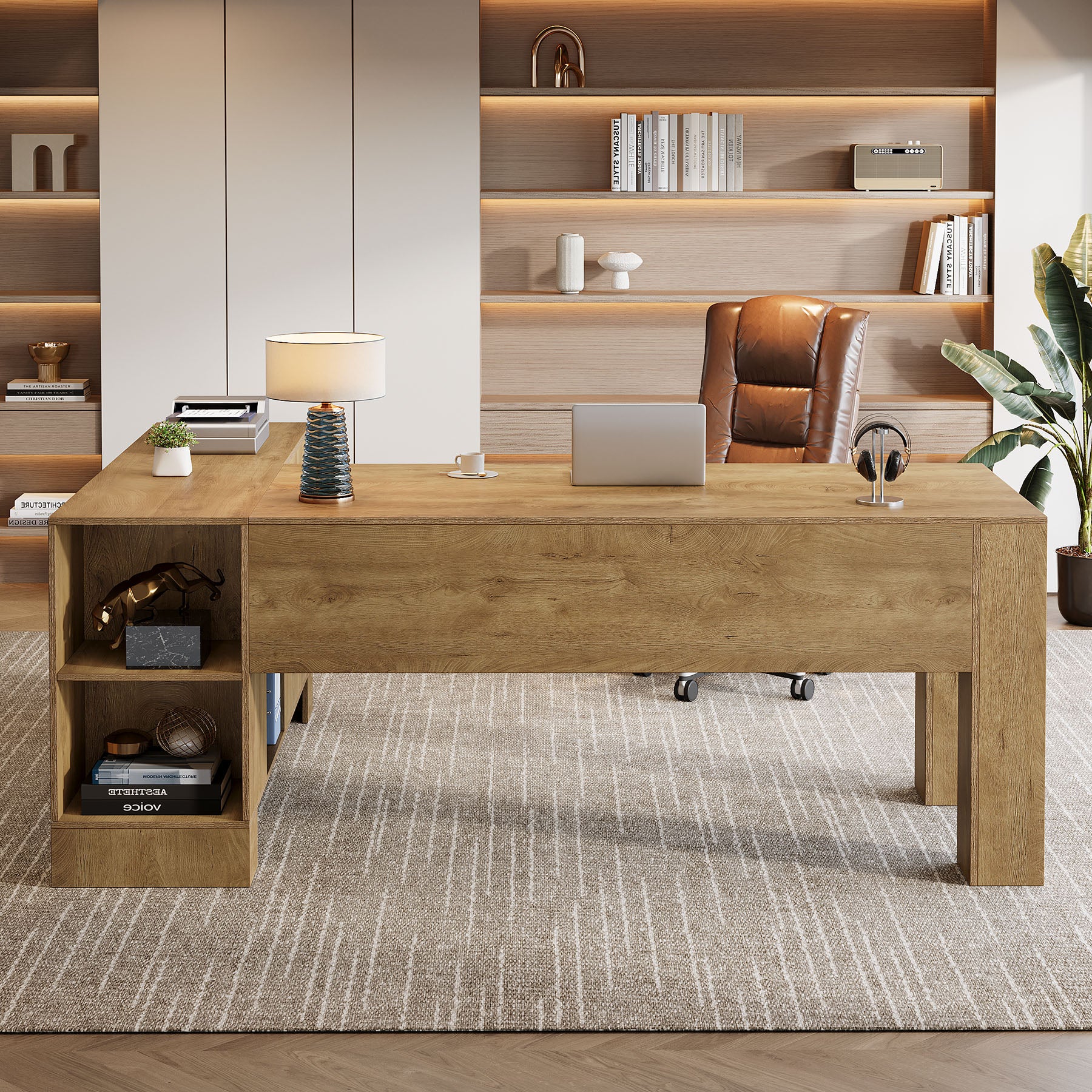 L-Shaped Executive Desk, 78" Office Desk with Storage Cabinet and 2-Tier Shelf - Image 4