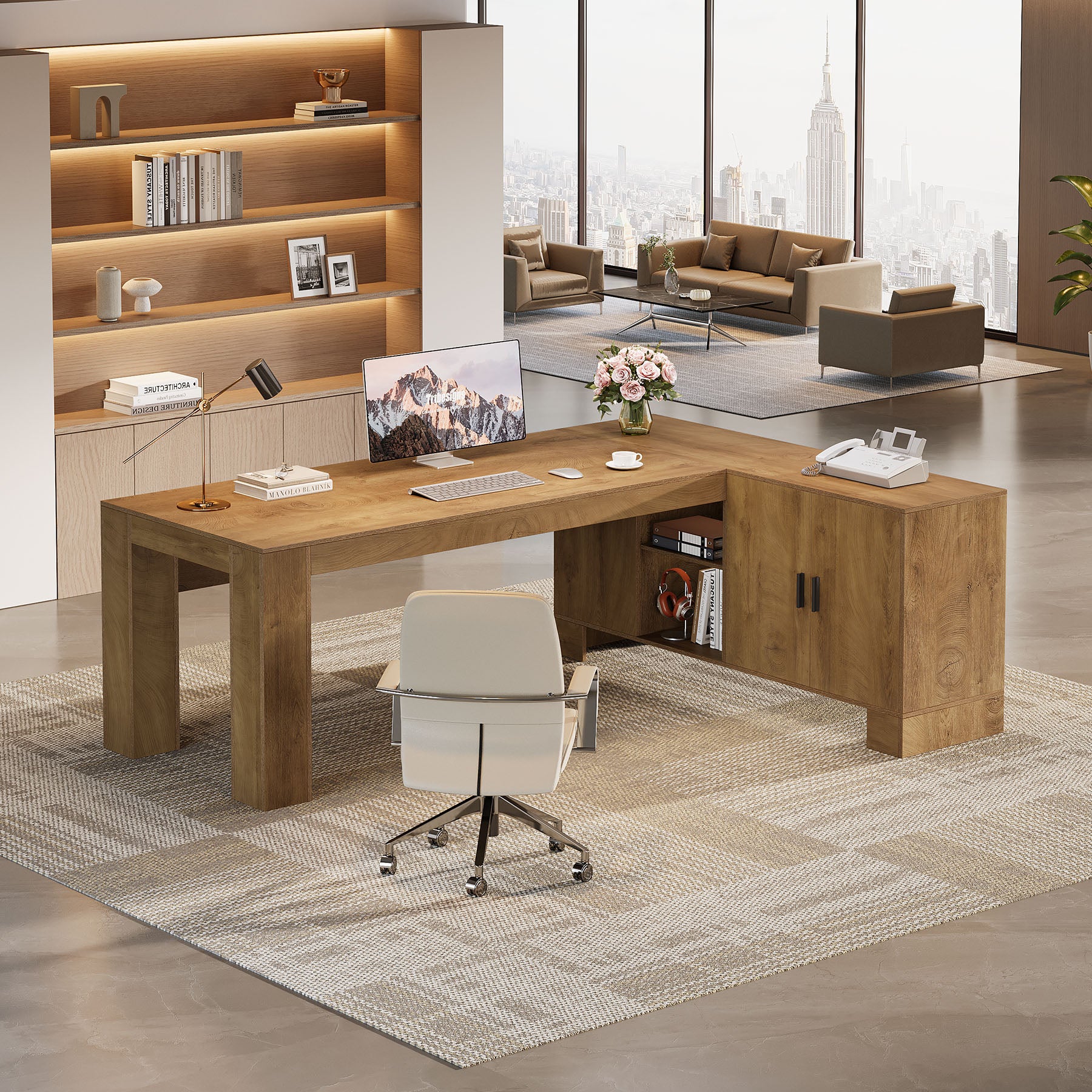 L-Shaped Executive Desk, 78" Office Desk with Storage Cabinet and 2-Tier Shelf - Image 5