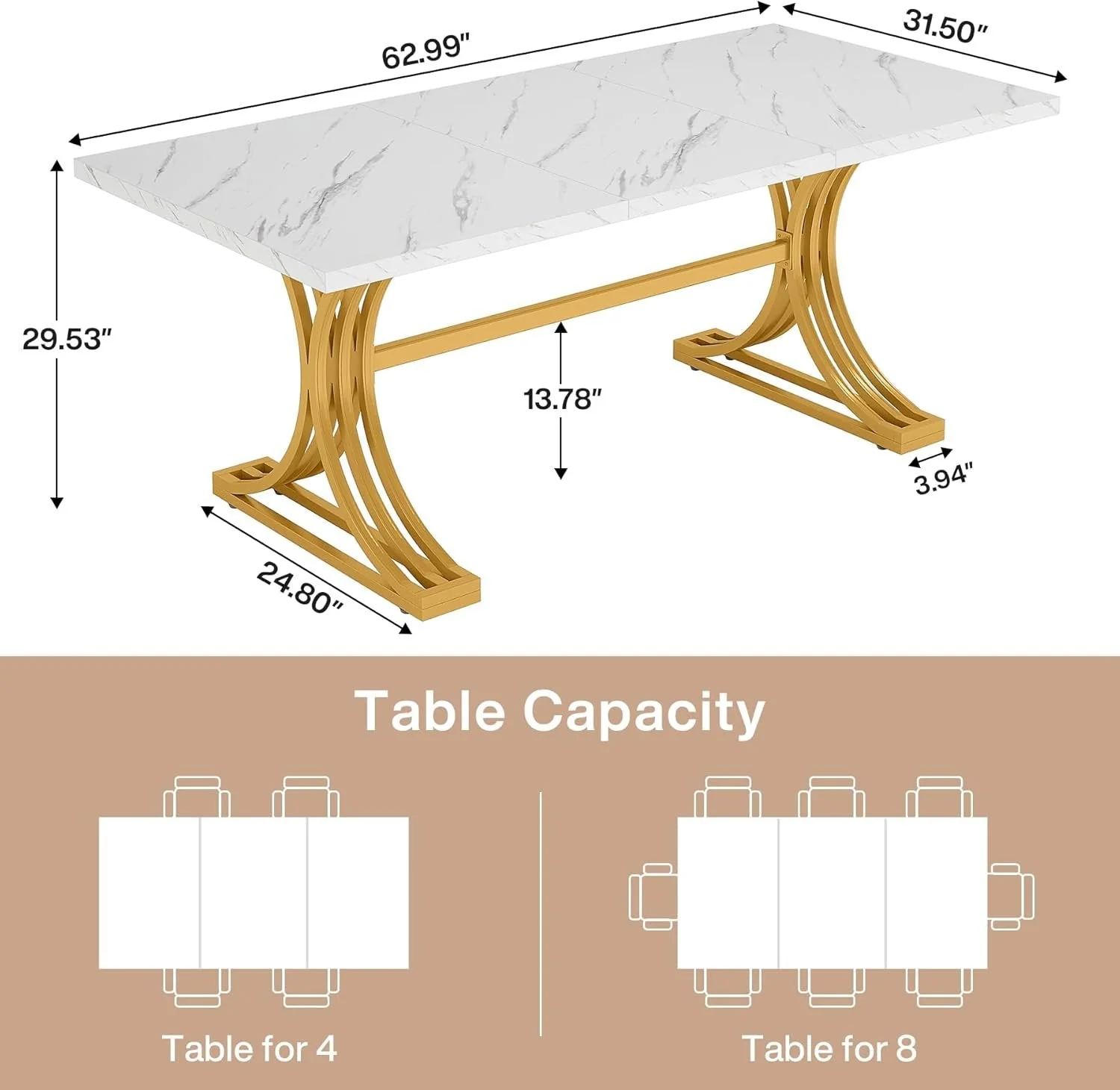 63" Rectangular Dining Table, Modern Kitchen Table with Metal Legs for 4 to 6 - Image 2