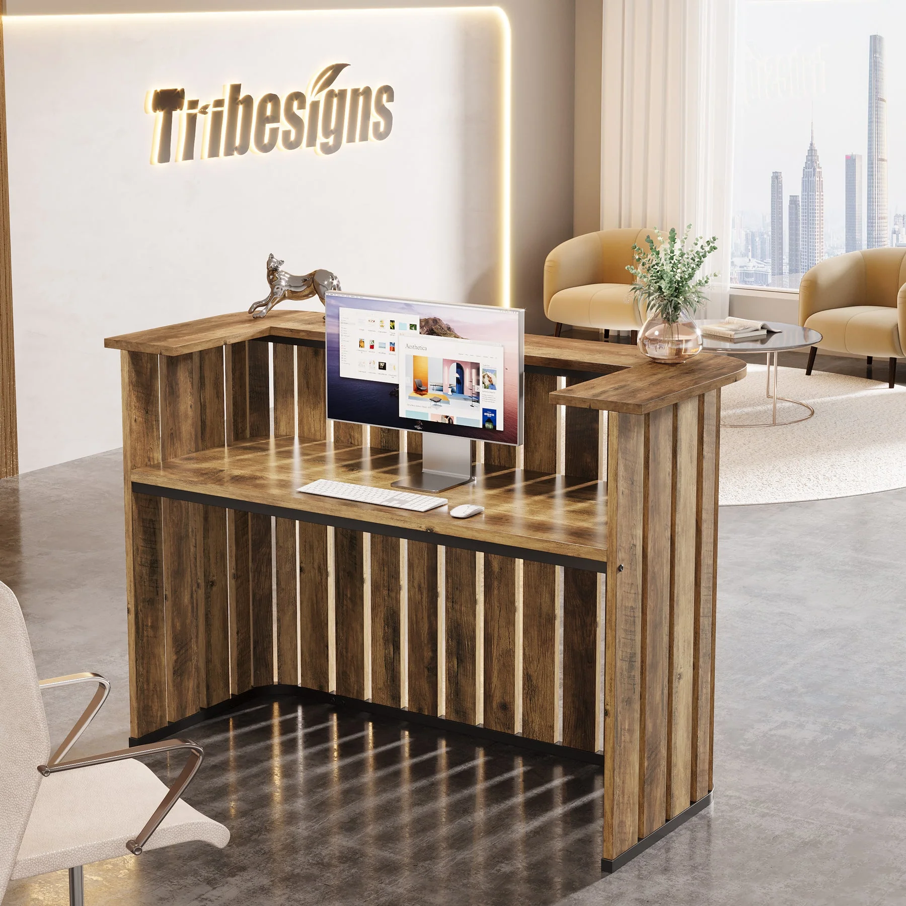 63" Reception Desk, U-Shaped Front Desk with Counter - Image 5