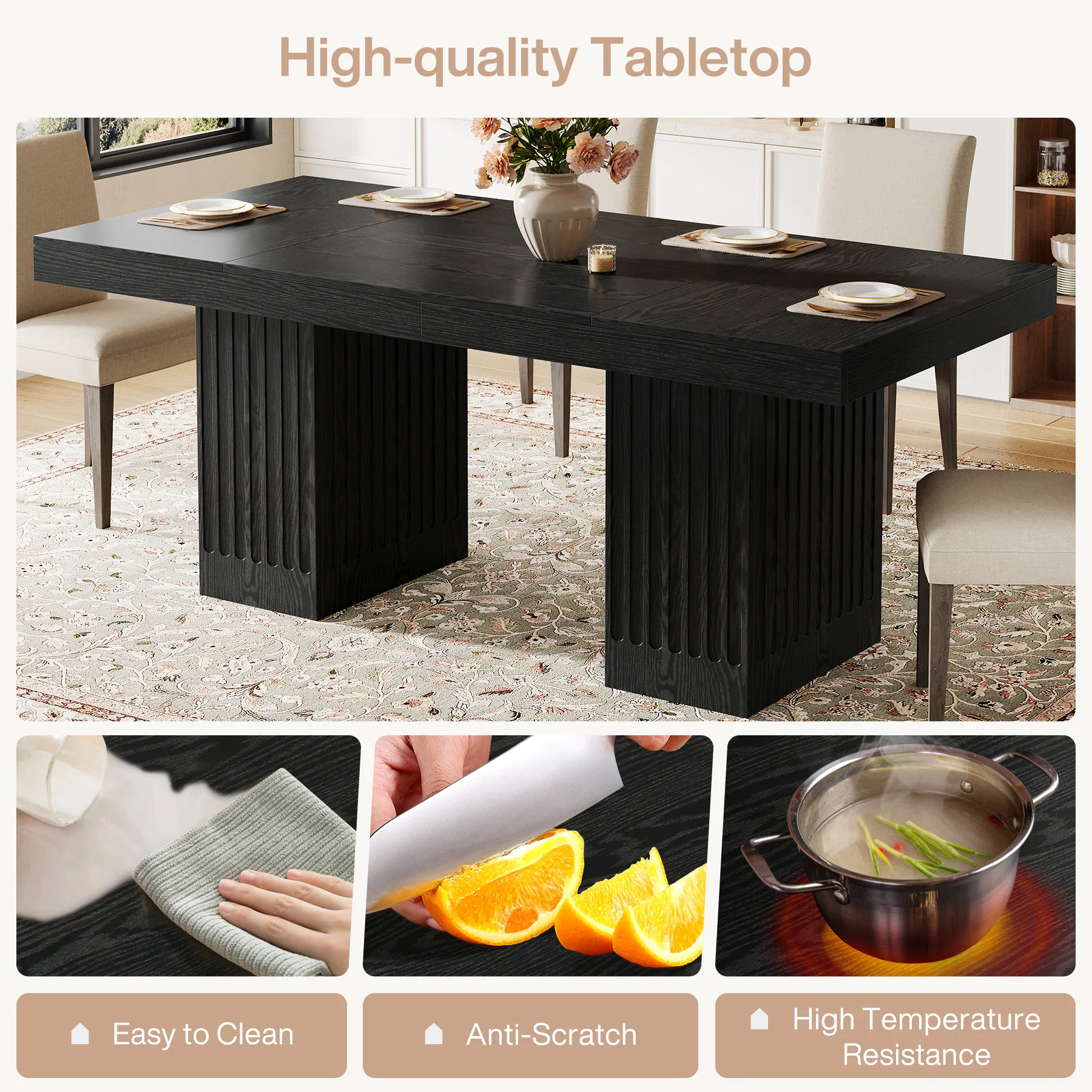 63" Dining Table for 4-6 People, Rectangular Kitchen Table with  Double Pedestal - Image 8