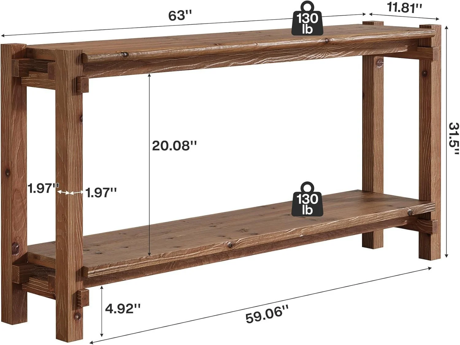 63" Solid Wood Console Table, 2-Tier Farmhouse Entryway Table with Storage - Image 2