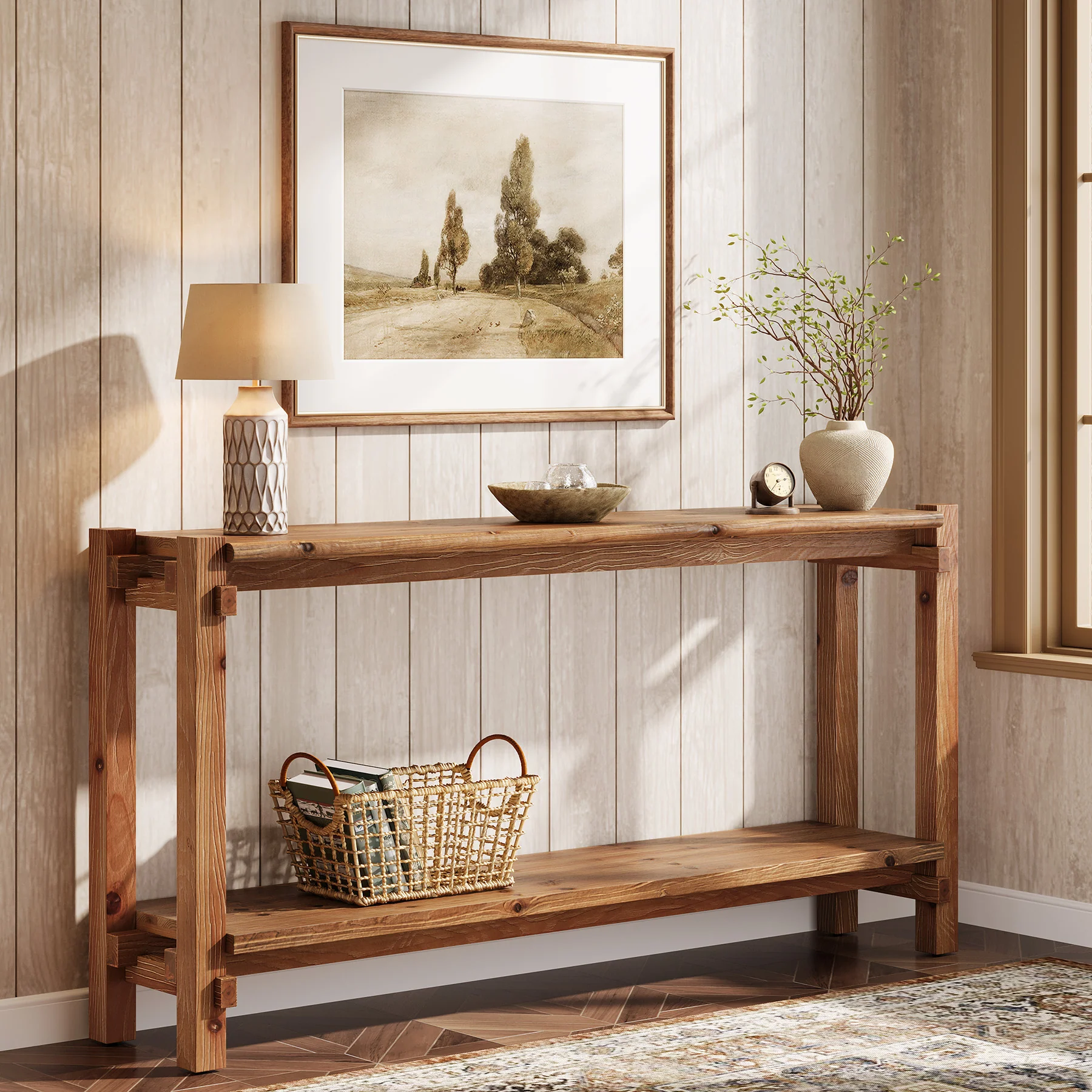 63" Solid Wood Console Table, 2-Tier Farmhouse Entryway Table with Storage - Image 3