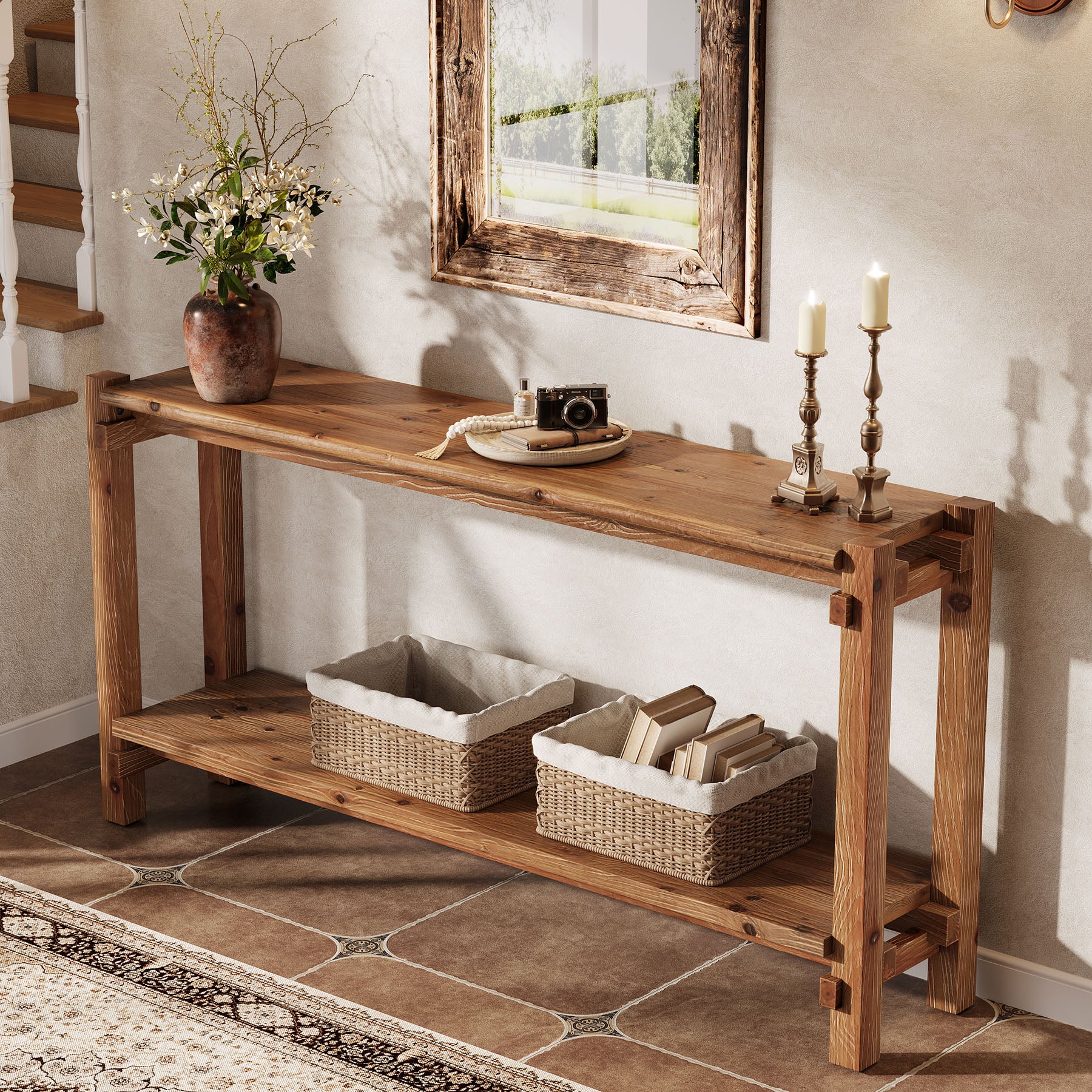 63" Solid Wood Console Table, 2-Tier Farmhouse Entryway Table with Storage - Image 4