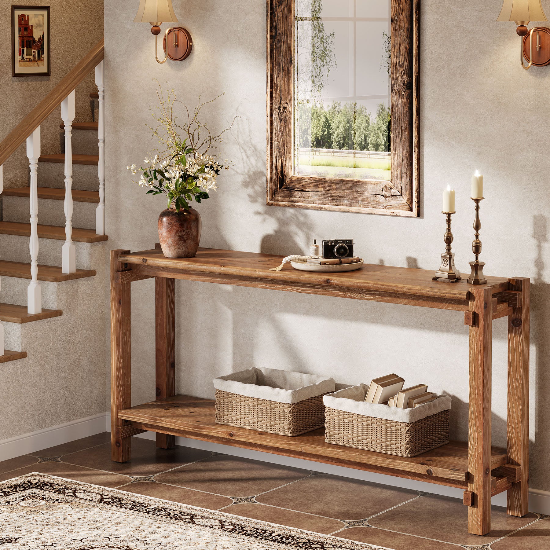 63" Solid Wood Console Table, 2-Tier Farmhouse Entryway Table with Storage - Image 5