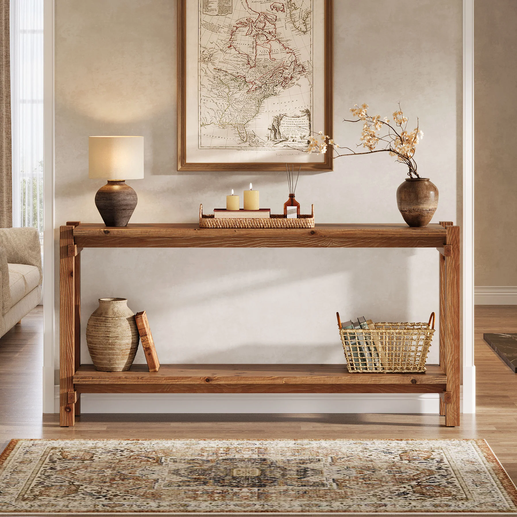 63" Solid Wood Console Table, 2-Tier Farmhouse Entryway Table with Storage - Image 6