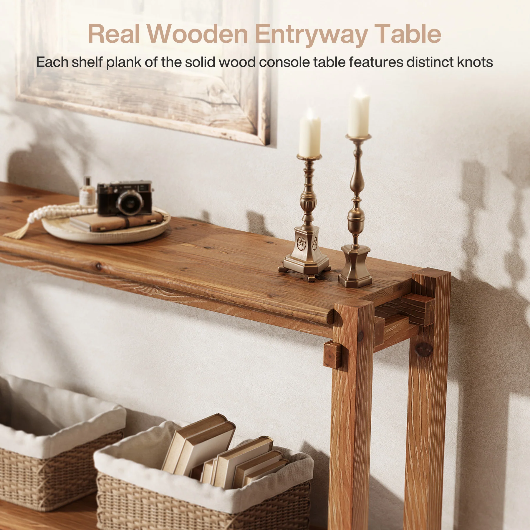 63" Solid Wood Console Table, 2-Tier Farmhouse Entryway Table with Storage - Image 8