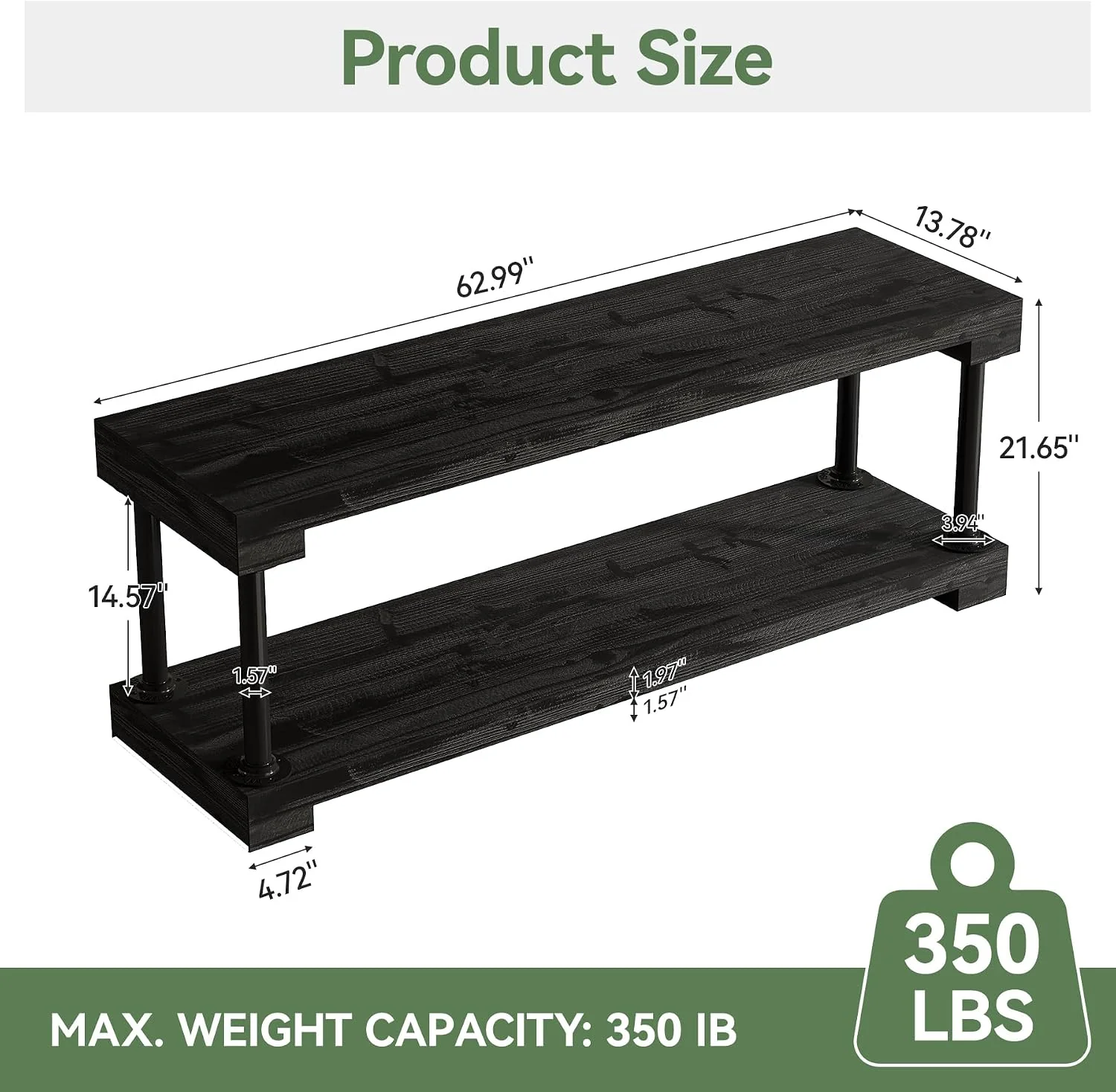 Tribesigns 63" Solid Wood Entryway Bench, Industrial Storage Bench with Shelf - Image 10