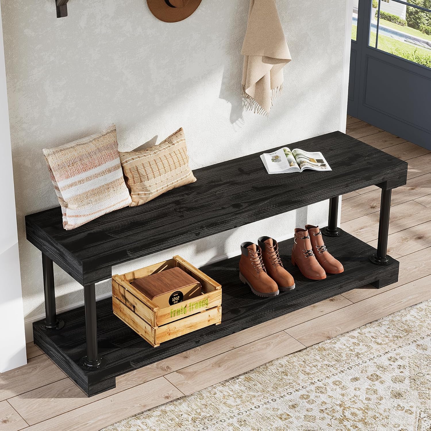 Tribesigns 63" Solid Wood Entryway Bench, Industrial Storage Bench with Shelf - Image 12