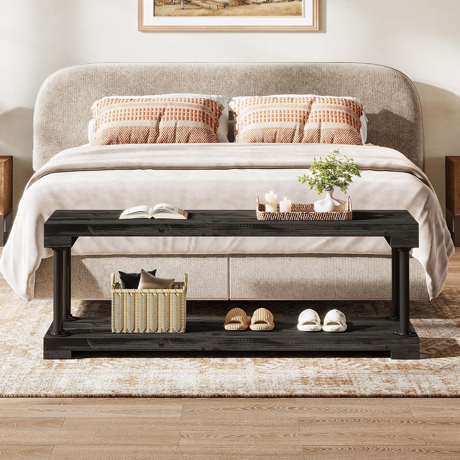 Tribesigns 63" Solid Wood Entryway Bench, Industrial Storage Bench with Shelf - Image 13