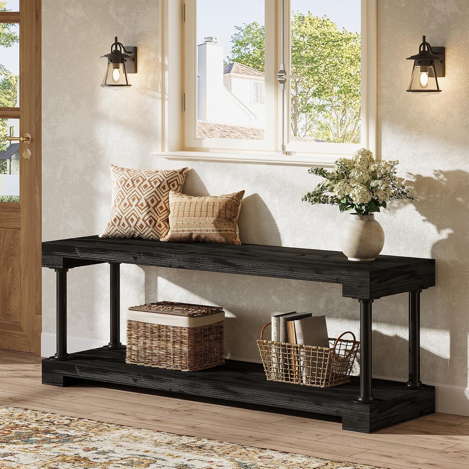 Tribesigns 63" Solid Wood Entryway Bench, Industrial Storage Bench with Shelf - Image 14