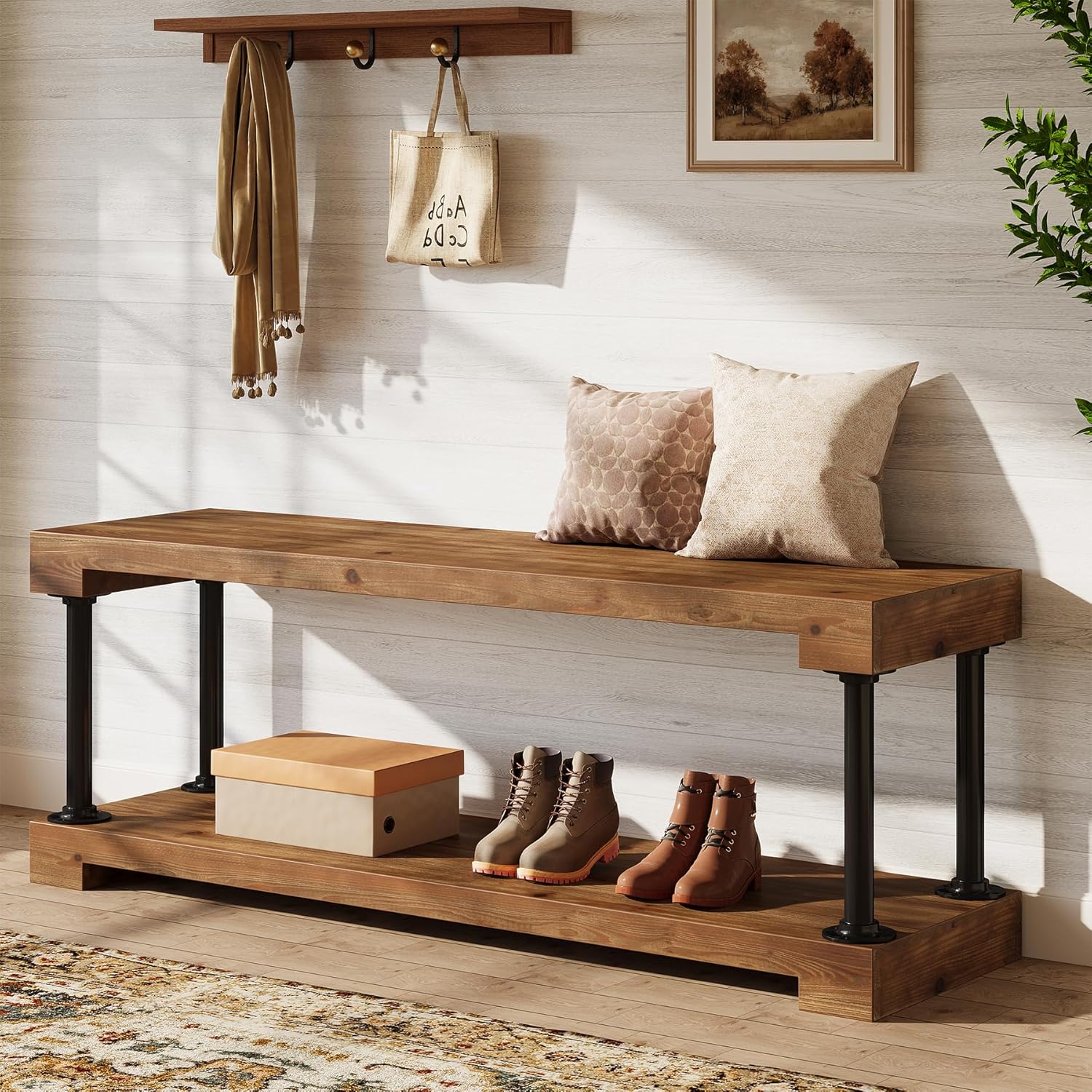Tribesigns 63" Solid Wood Entryway Bench, Industrial Storage Bench with Shelf - Image 3