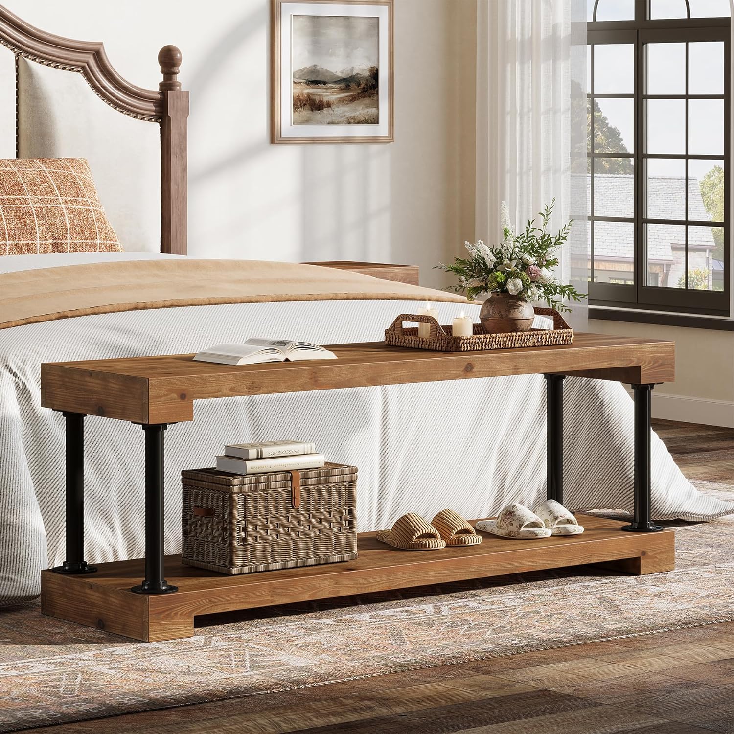 Tribesigns 63" Solid Wood Entryway Bench, Industrial Storage Bench with Shelf - Image 4