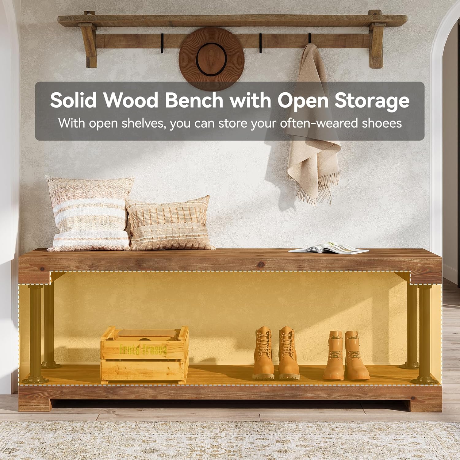 Tribesigns 63" Solid Wood Entryway Bench, Industrial Storage Bench with Shelf - Image 5