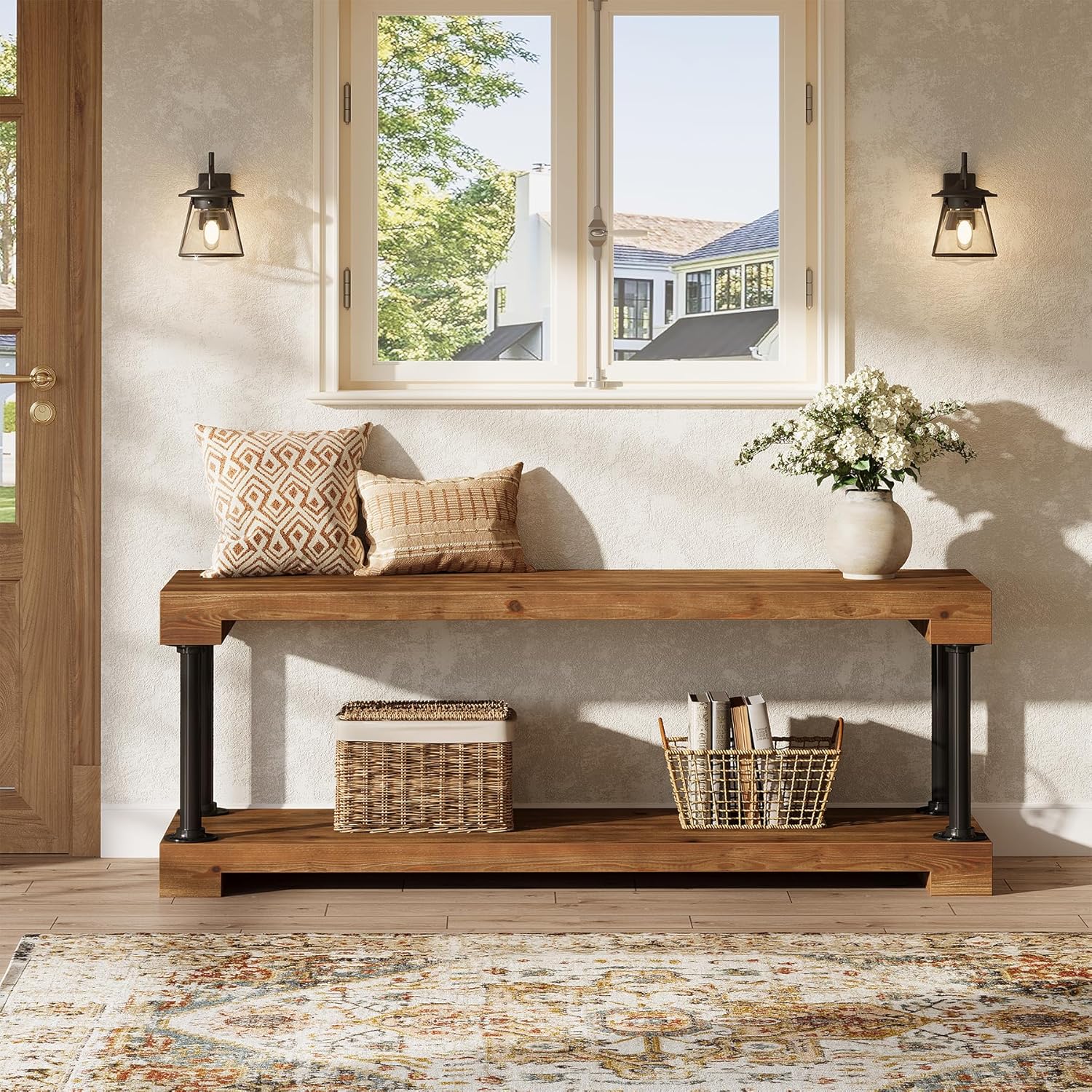Tribesigns 63" Solid Wood Entryway Bench, Industrial Storage Bench with Shelf - Image 6