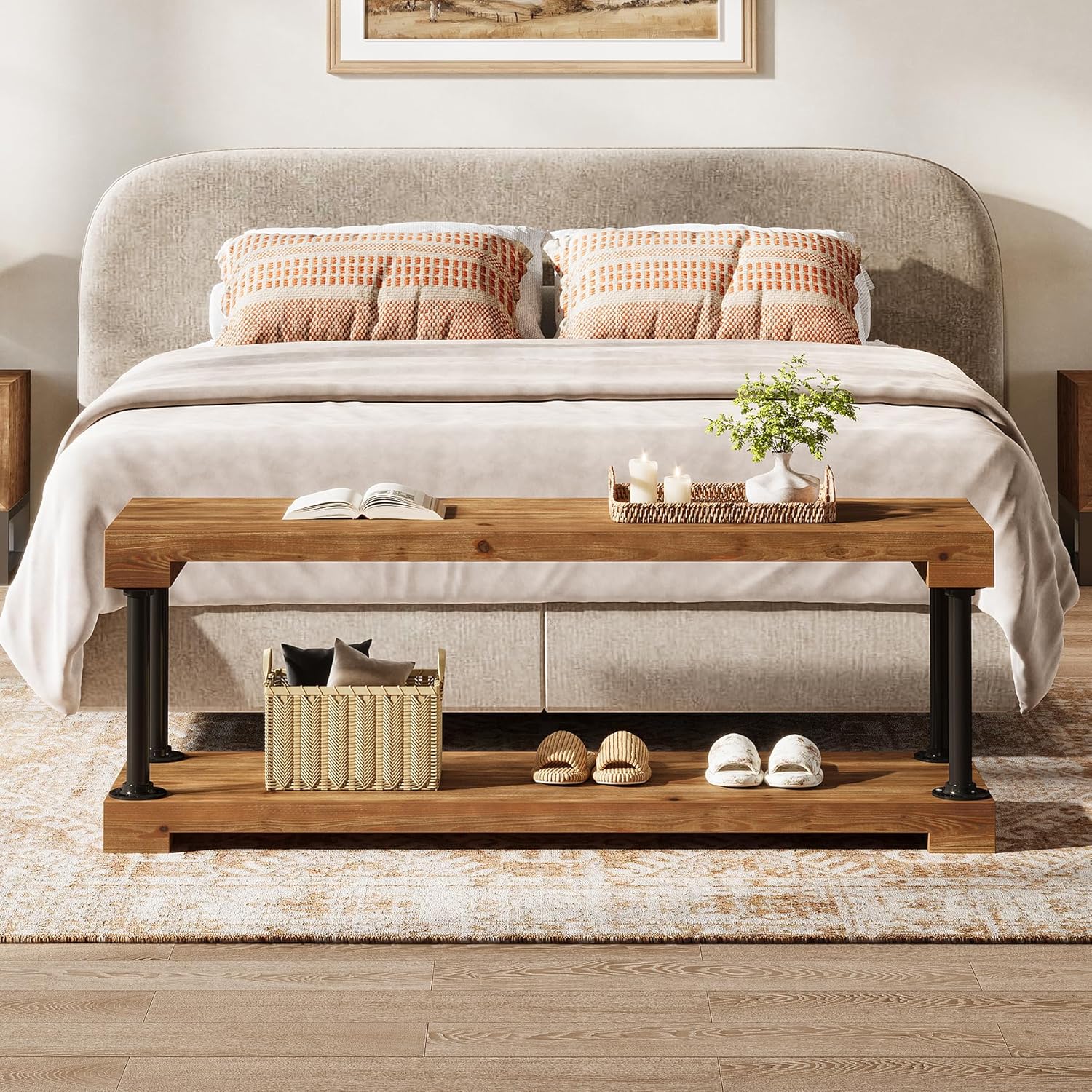 Tribesigns 63" Solid Wood Entryway Bench, Industrial Storage Bench with Shelf - Image 7