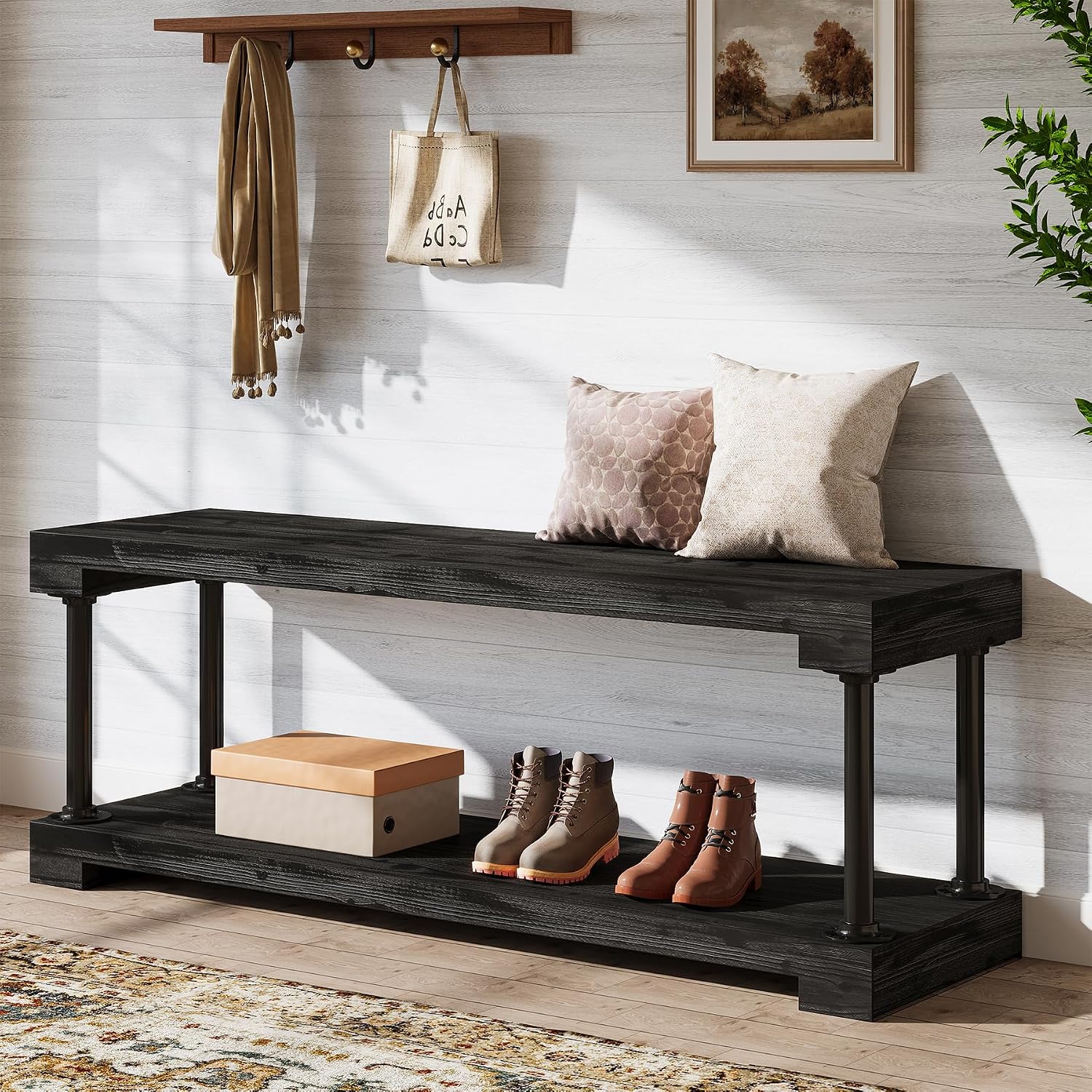 Tribesigns 63" Solid Wood Entryway Bench, Industrial Storage Bench with Shelf - Image 9