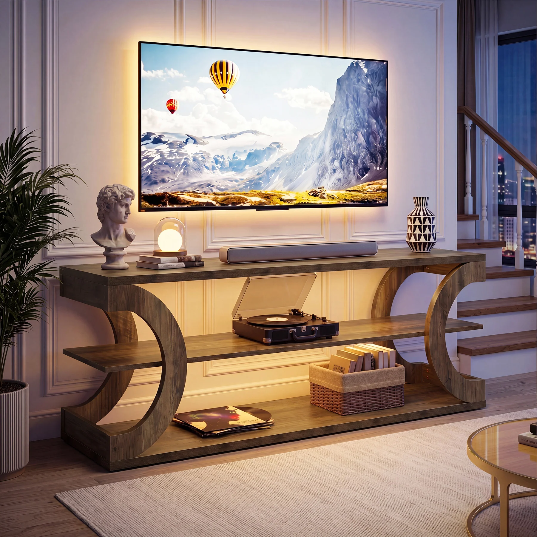 63" TV Stand for TVs up to 70", Farmhouse Entertainment Center with Shelves for Living Room - Image 5