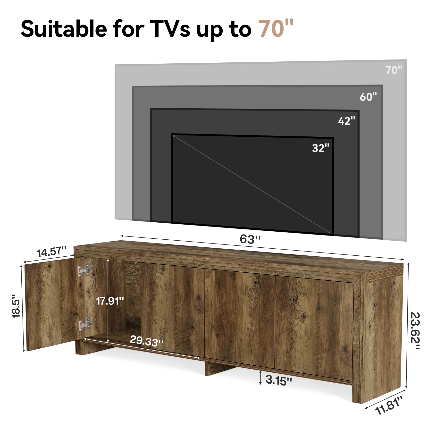 63" TV Stand, Entertainment Center with Storage Cabinet for TVs Up to 70" - Image 2