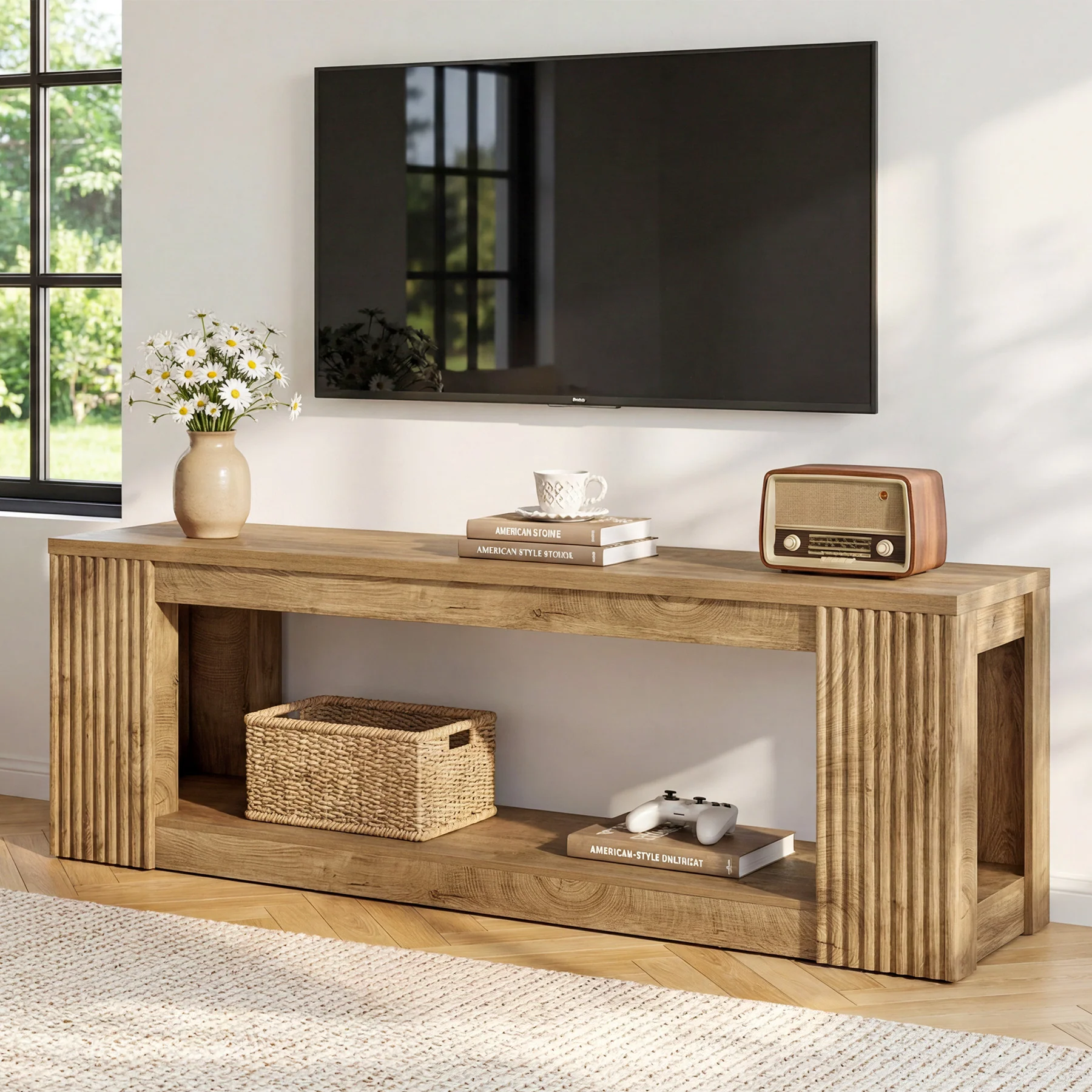 63" TV Stand, Entertainment Center with Open Storage Shelves for TVs Up to 75"