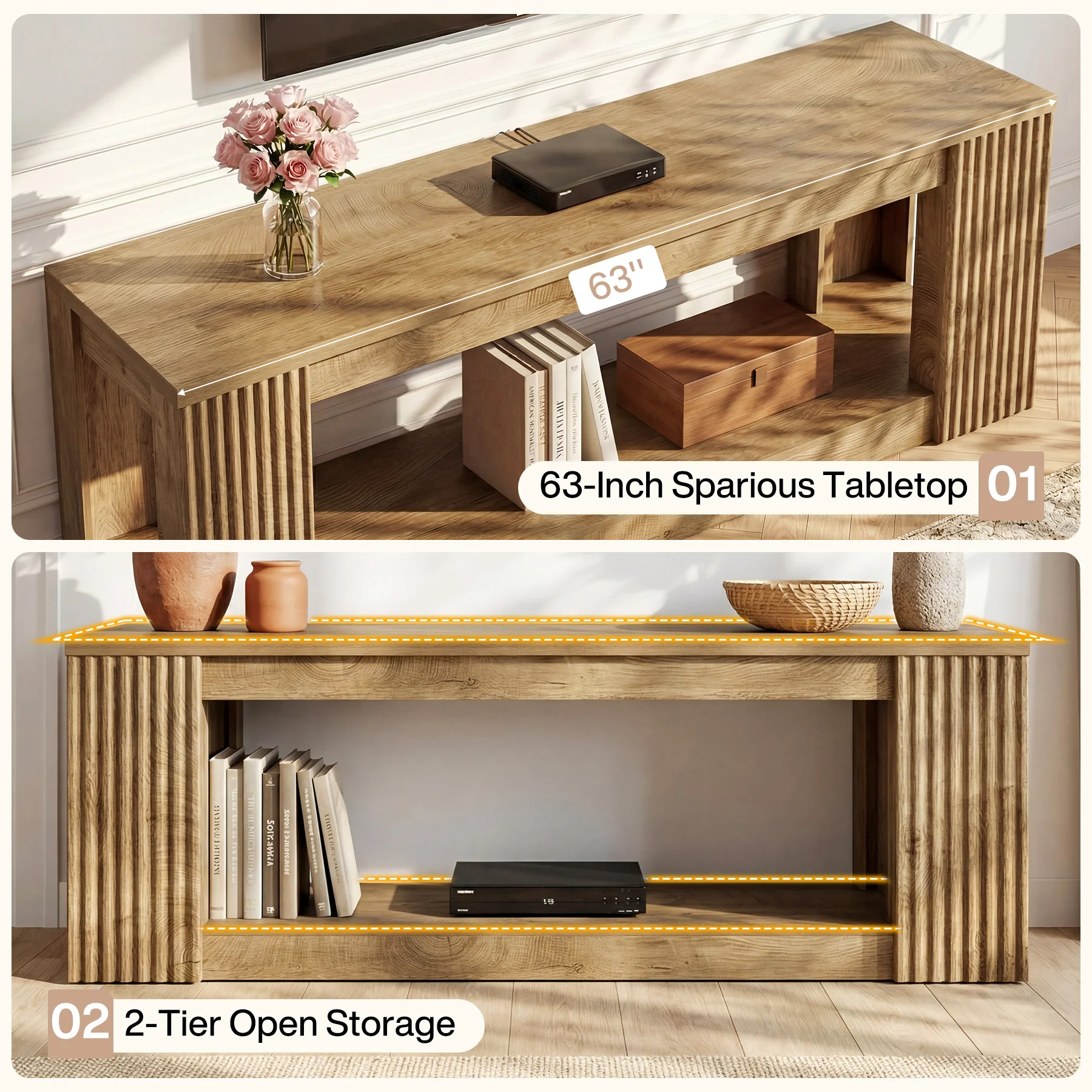 63" TV Stand, Entertainment Center with Open Storage Shelves for TVs Up to 75" - Image 6