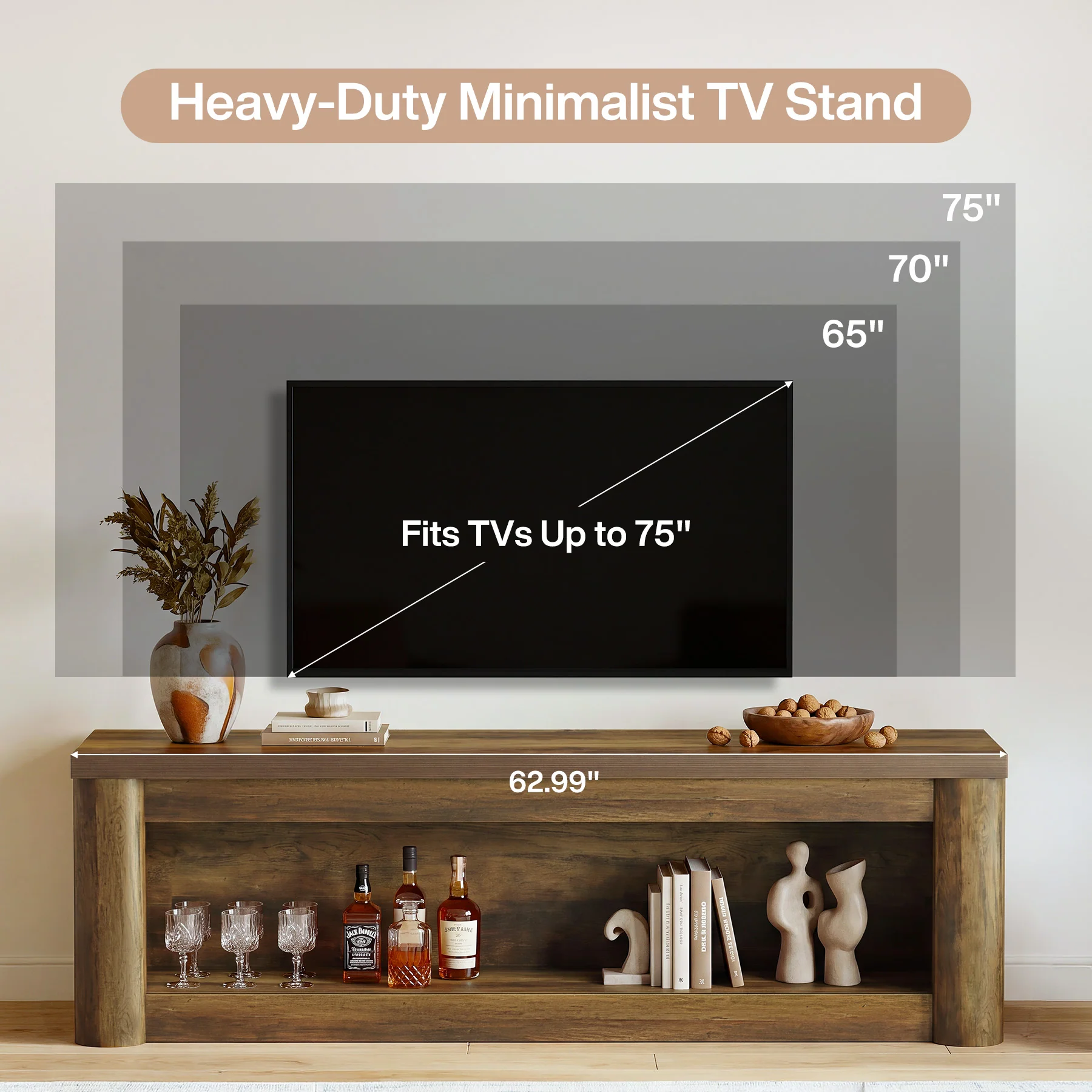63" TV Stand for TVs up to 75", Entertainment Center with Open Storage for Living Room - Image 2