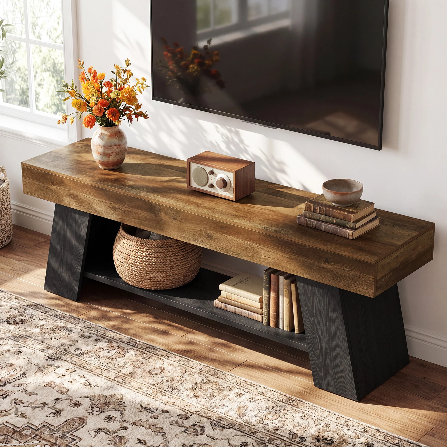 63" TV Stand for 55/65/70 Inch TVs, Industrial Media Console with Open Storage Shelf - Image 5