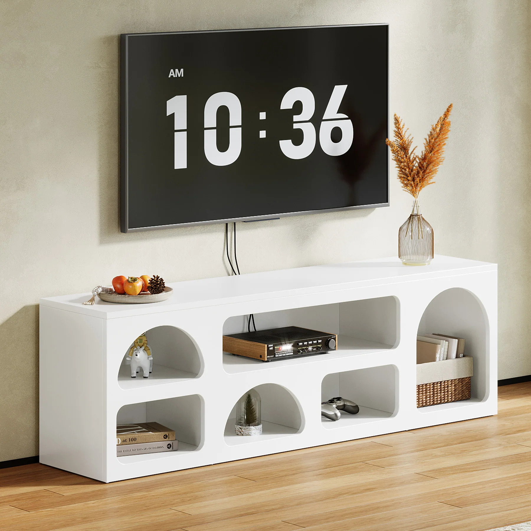 63" TV Stand for 60 to 70 Inch TVs, Modern White Media Console with 6 Open Shelves