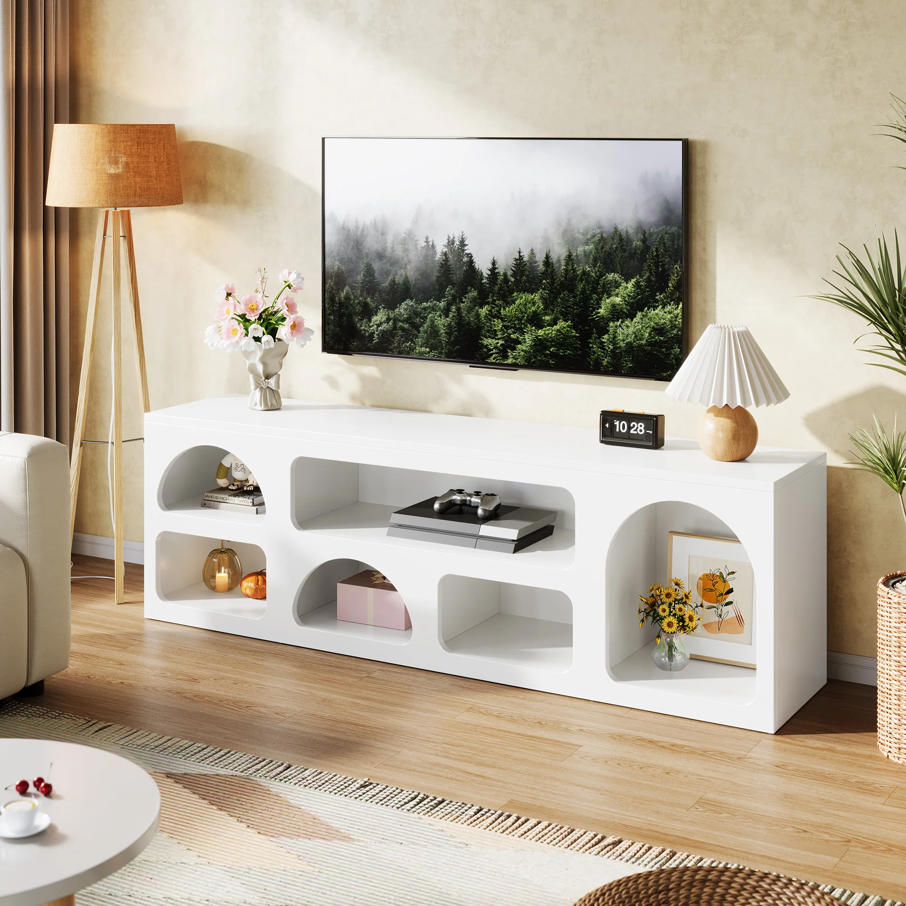 63" TV Stand for 60 to 70 Inch TVs, Modern White Media Console with 6 Open Shelves - Image 10