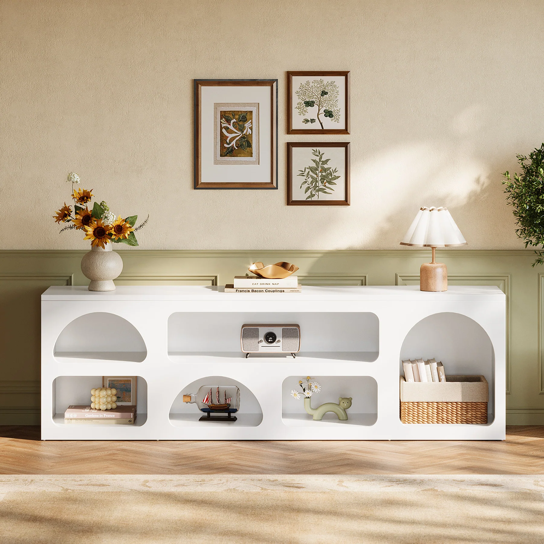 63" TV Stand for 60 to 70 Inch TVs, Modern White Media Console with 6 Open Shelves - Image 12