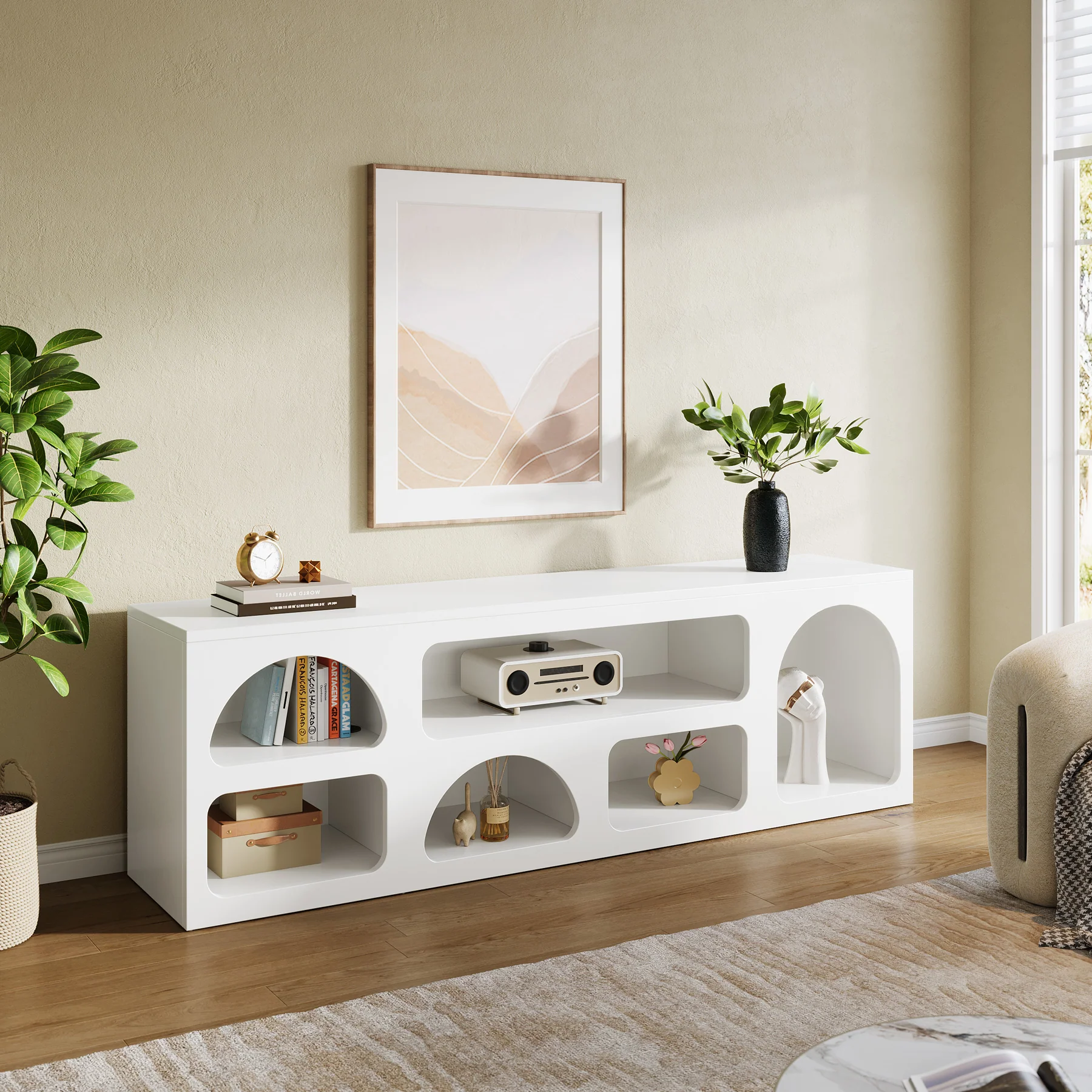 63" TV Stand for 60 to 70 Inch TVs, Modern White Media Console with 6 Open Shelves - Image 3