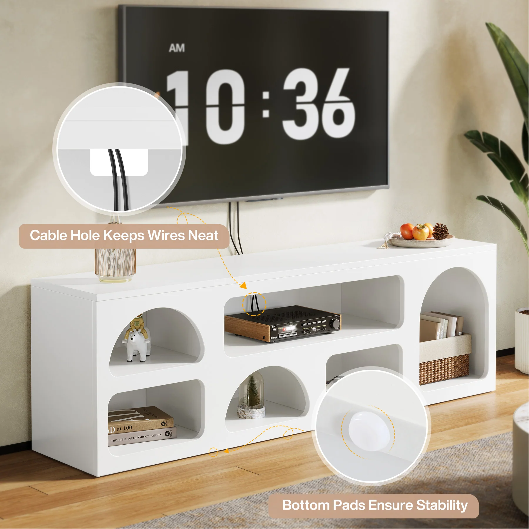 63" TV Stand for 60 to 70 Inch TVs, Modern White Media Console with 6 Open Shelves - Image 4