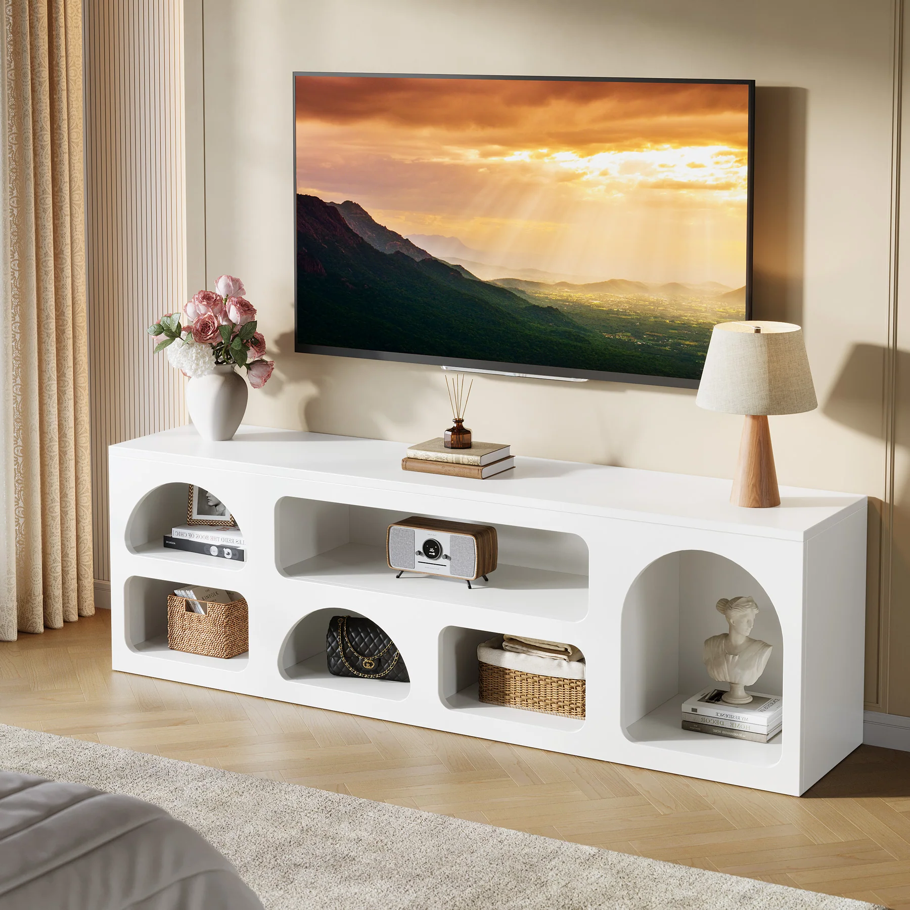 63" TV Stand for 60 to 70 Inch TVs, Modern White Media Console with 6 Open Shelves - Image 8