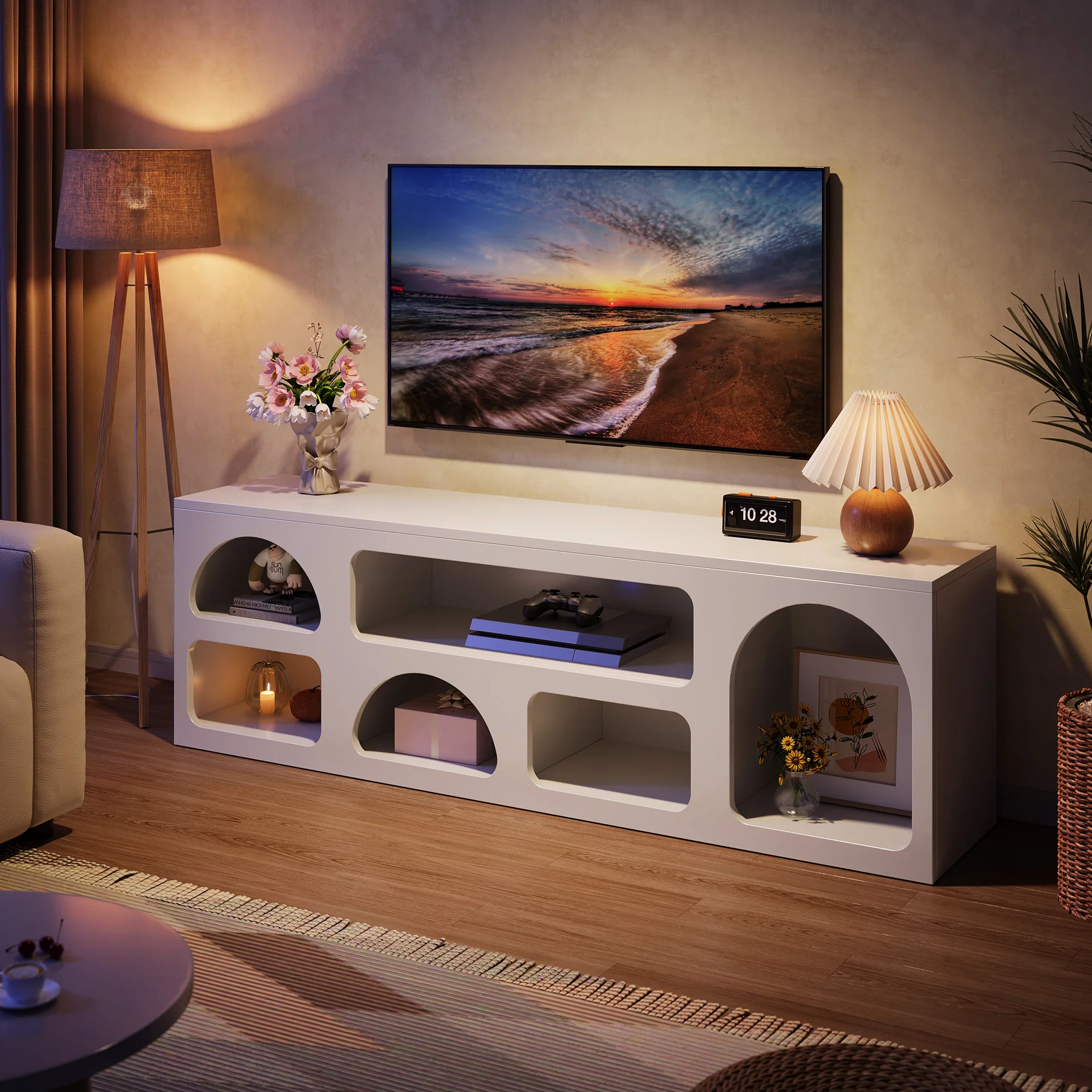 63" TV Stand for 60 to 70 Inch TVs, Modern White Media Console with 6 Open Shelves - Image 9