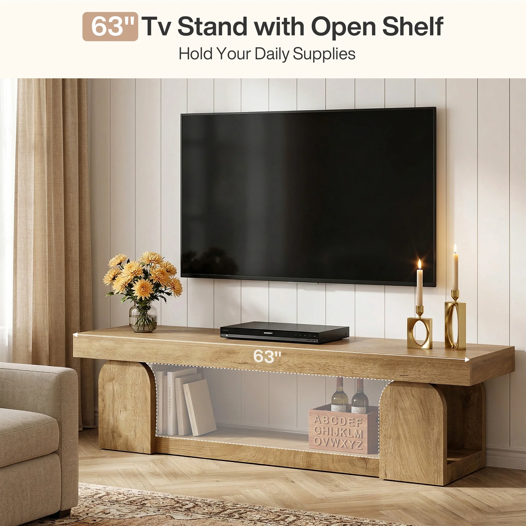 63" TV Stand, TV Media Console with Open Storage Shelf for TVs up to 65" - Image 7