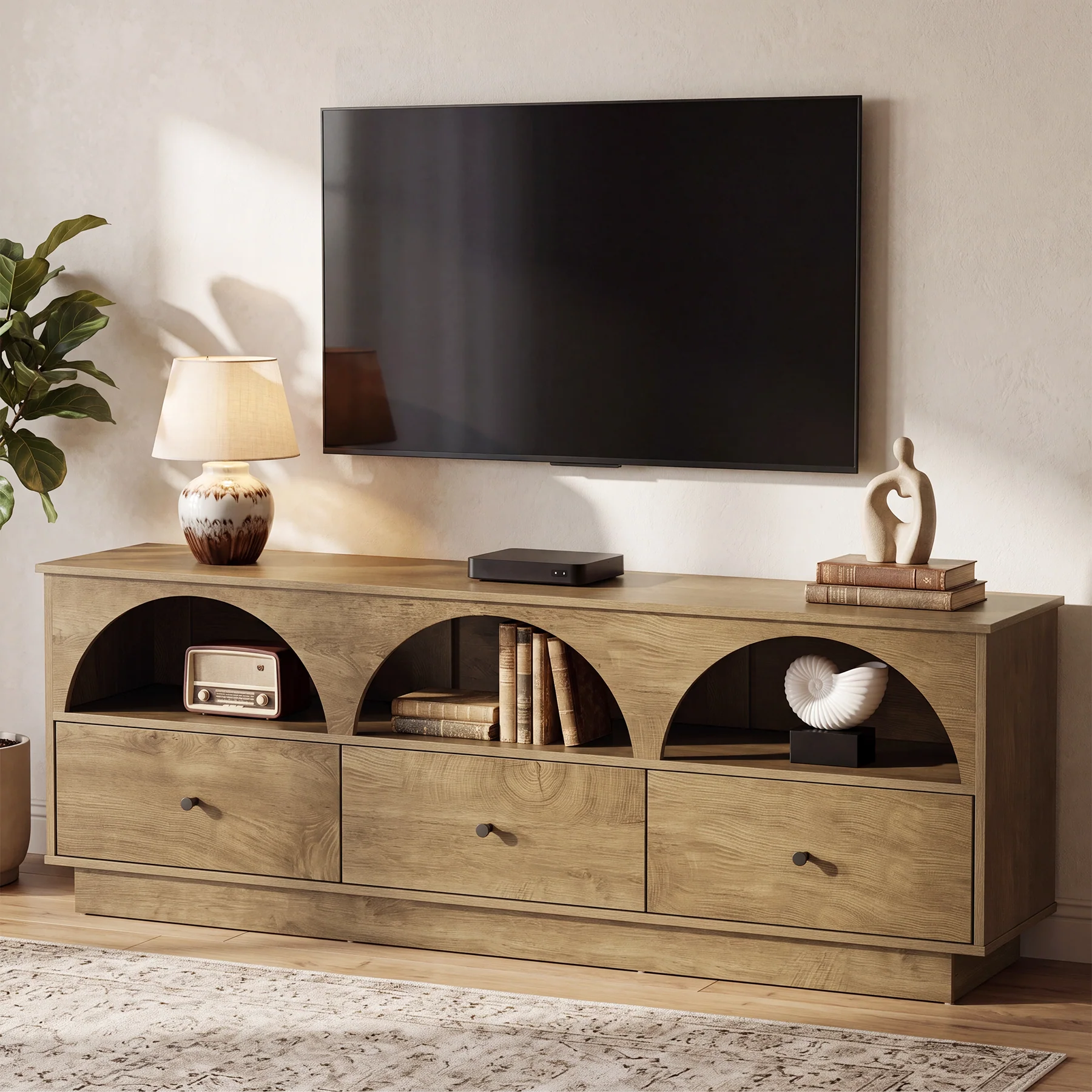 63" TV Stand with Arched Open Shelves & 3 Drawers for TVs up to 65"