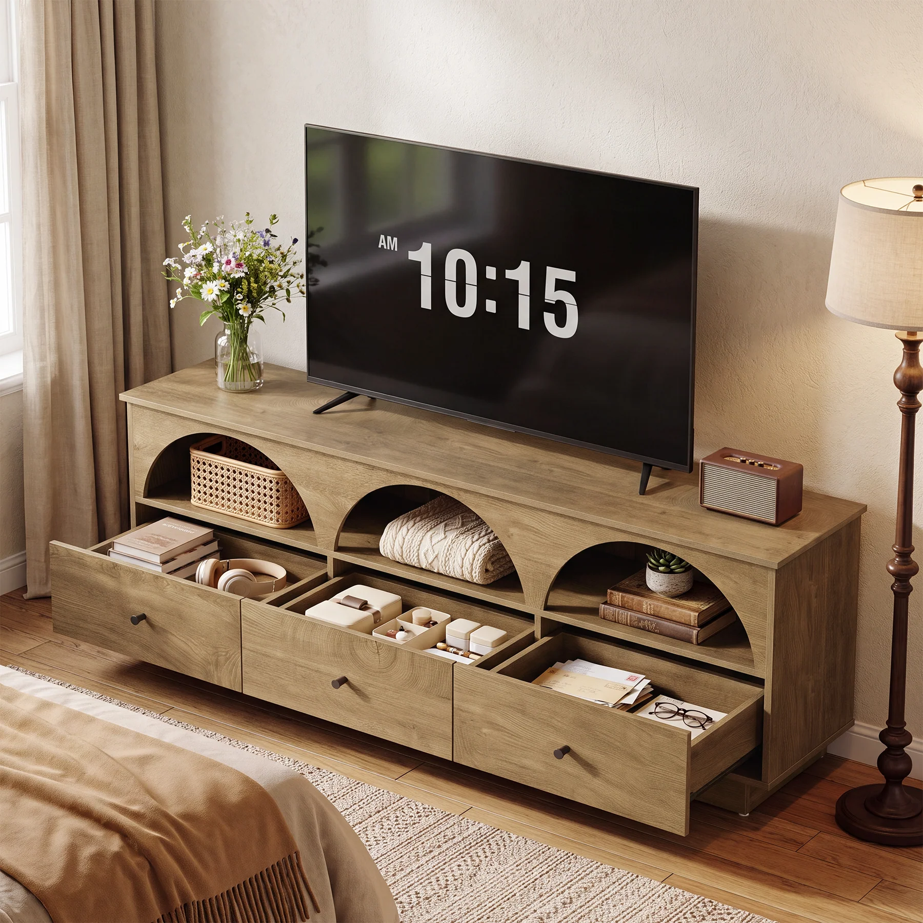 63" TV Stand with Arched Open Shelves & 3 Drawers for TVs up to 65" - Image 3